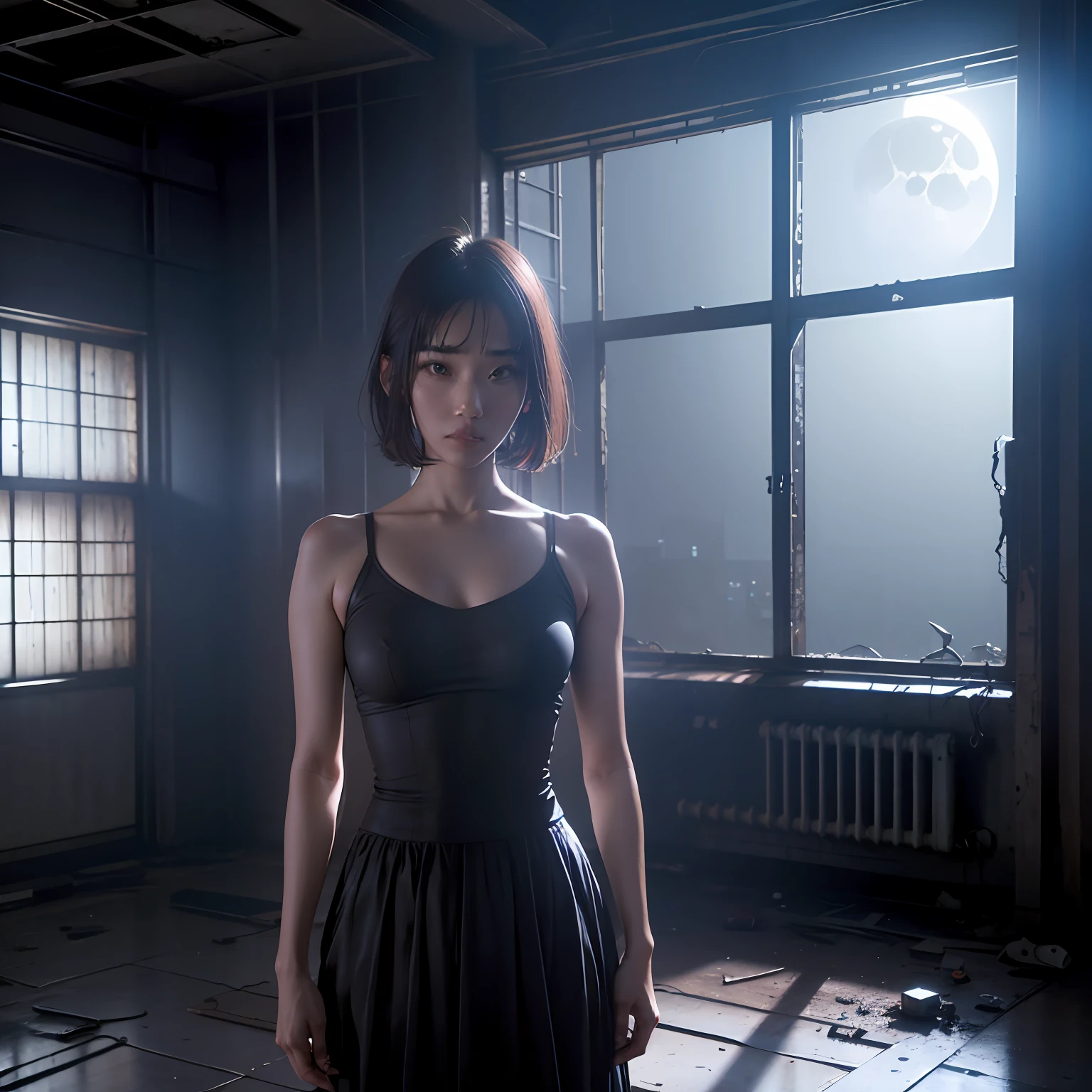 (Best Quality, 巨作), (Inside the abandoned university), K Horror Art, The room has large windows, High contrast cinematic lighting, The unbridled dead silence, dramatic atmosphere, Night with the full moon, Person holding a flashlight.