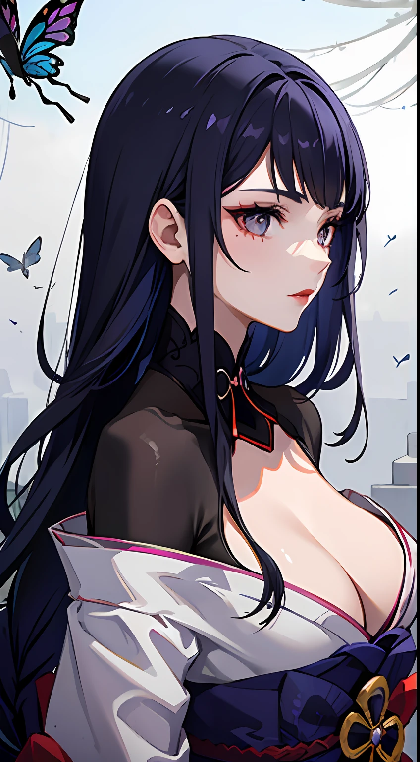 Smooth forehead,There is a chain on the forehead,Black hair,long whitr hair,Kimono white,blue hairs,White color hair,closeup of face,Beautiful back,Side Body,arachne,centipede,mkscorpion,Black cloth,Indifferent eyes,Loose eyelashes,Long black eyelashes,Green butterfly giant butterfly wings,Ancient windows,Dark atmosphere,Eerie smoke,Japanese red lips,Close-up of people,cropped shoulders,