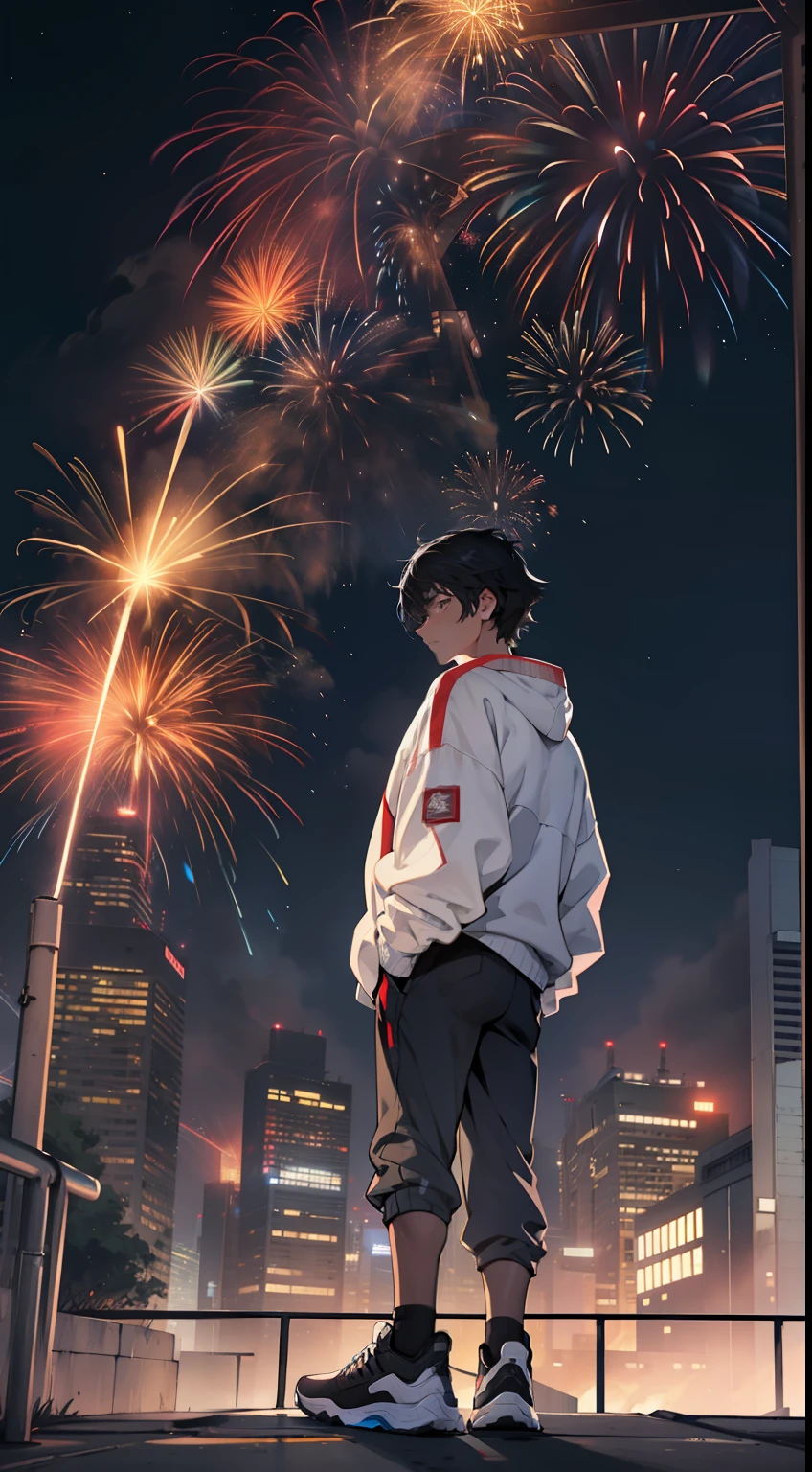 a handsome，Pitch black sky，White sweatshirt，shorter pants，track pants，canvas shoe，white legwear，short detailed hair，black color hair，youth，shoun，The expression was serious，Take the scenery as the main body，Hand on chin，Back，The lens behind it，Side of the character，Side view，Sit on the rooftop，Below is the bustling city，The sky was lit with brilliant fireworks，fire works