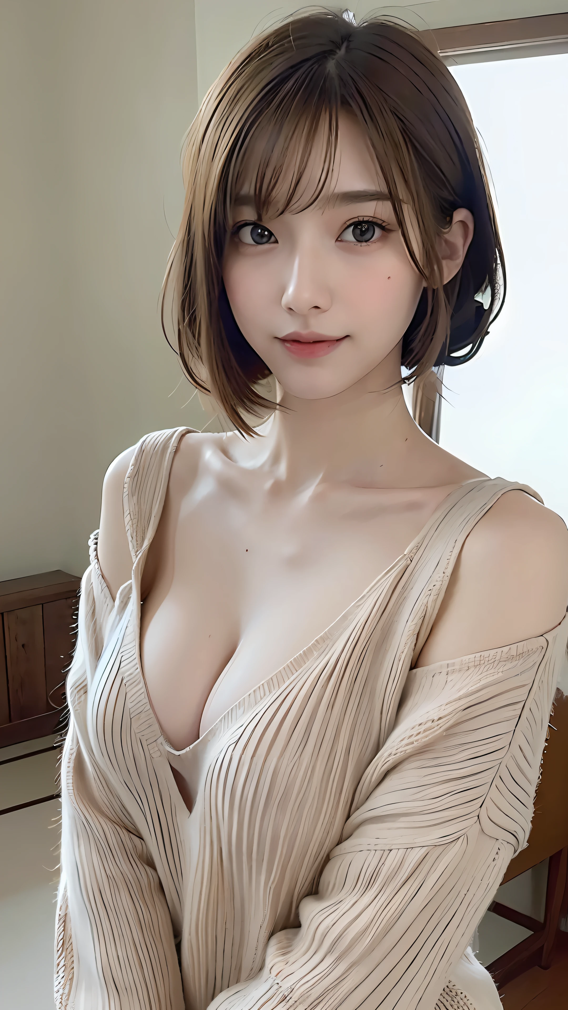 (​masterpiece:1.3), (8K, Photorealsitic, Raw photography, Top image quality: 1.4), Japan high school girls、(Random hairstyles:1.2)、cleavage of the breast:1.2、Super Detail Face、Eye of Detail、二重まぶた、Bring your chest together、foco nítido:1.2、prety woman:1.4、light brown hair、top-quality、​masterpiece、超A high resolution、(Photorealsitic:1.4)、Highly detailed and professional lighting smile、Loose and light knitwear、Shoulder out、slender、serious facial expression、short-haired、cowboy  shot