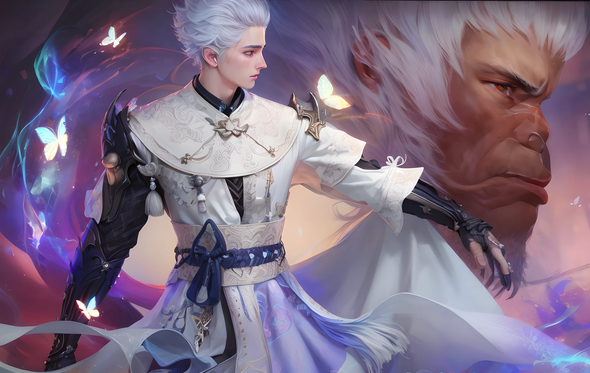 1boy, (photorealistic:1.4), best quality, masterpiece, ultra high res, (detailed face:1.2), (detailed eyes:1.2), (detailed hair:1.2), (detailed clothes:1.2), 4k, (detailed color:1.2), facing left, white hair,
