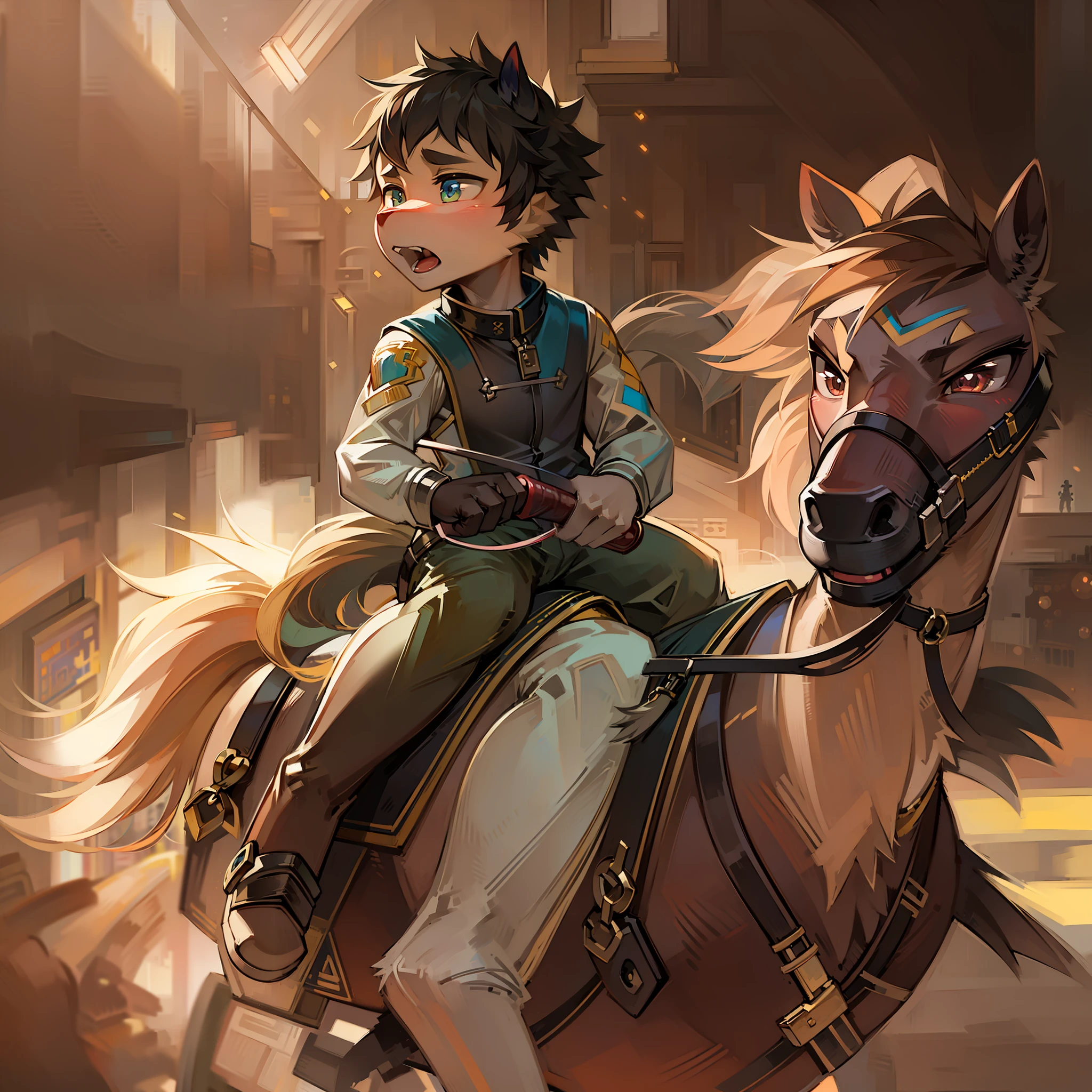 1boy,furry,horse riding,cute,racing,Cinematic lighting effects,detail-rich,Masterpiece,hand painted style,2D,Sense of speed