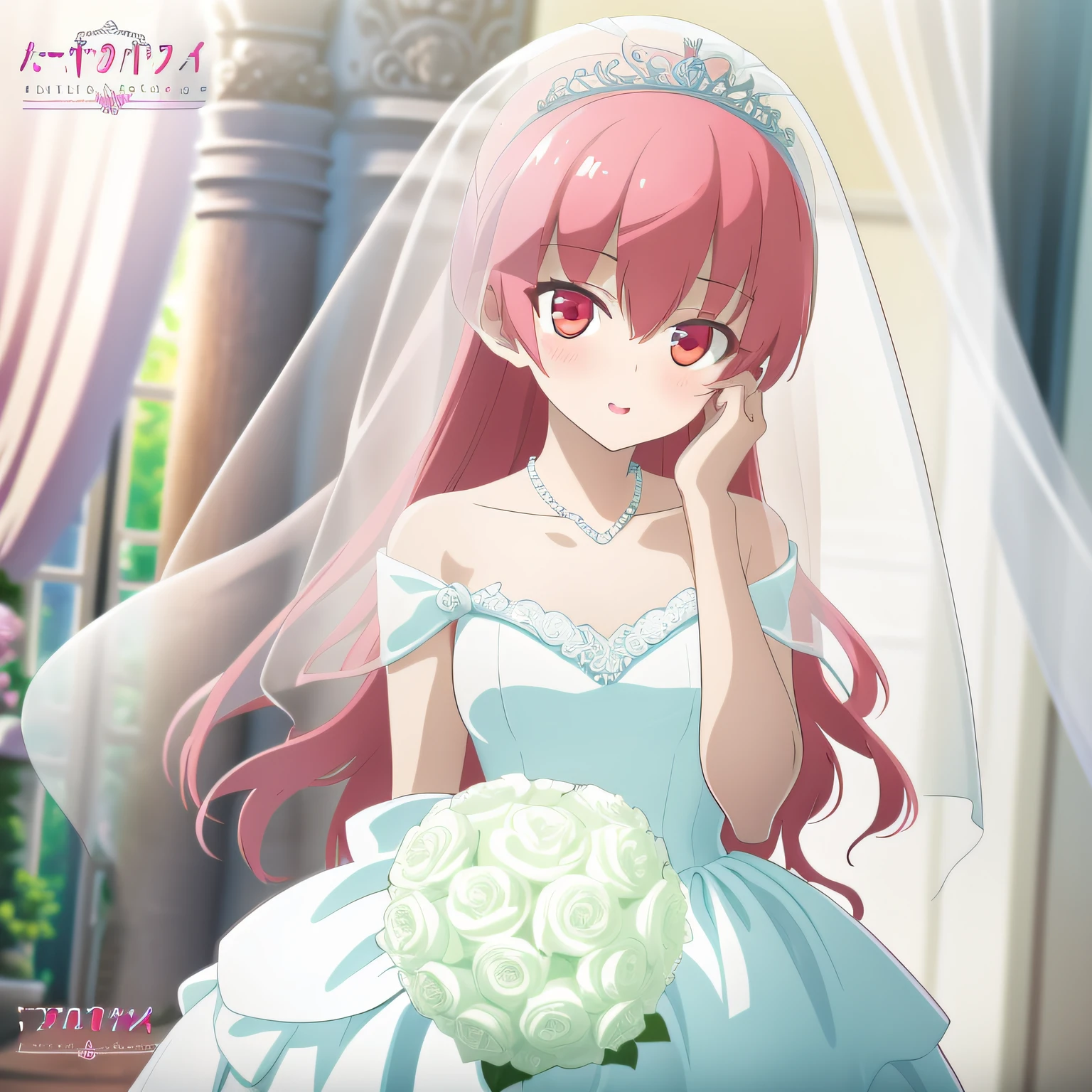 ((Masterpiece)), (((Best quality))), ((Ultra-detailed)), ((illustration)), ((Disheveled hair)), ((frilld)), (1 girl), (Solo),Blush, Bouquet, Bridal veil, 鎖骨, Clothing, crown, dot nose, dress, Female, flower, hair between eye, headdress, Headwear, jewelry, Long hair, Long sleeves, view the viewer, parted lip, Pink hair, POV hands, ring, Rose, solofocus, head gear, Upper body, light yarn, Wedding dress, vera, White dress, flor branca, White rose,