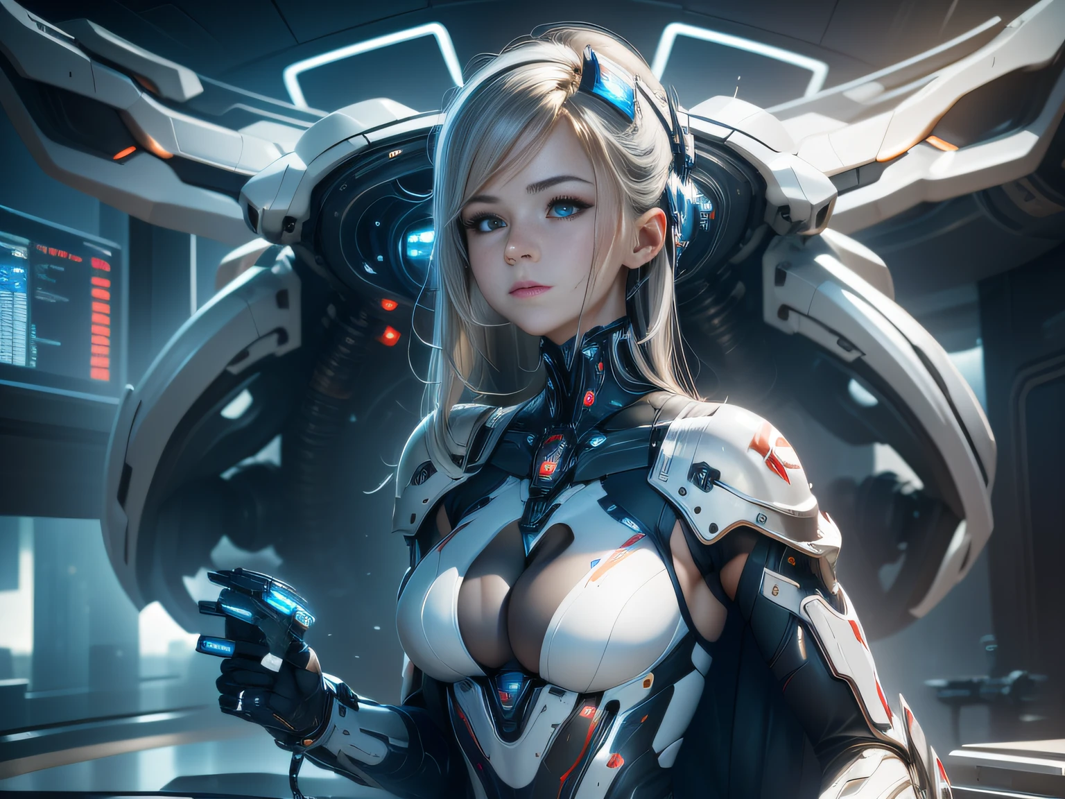 Highest image quality，Outstanding details，超高分辨率，（Fidelity：1.4）, Favor the details，closeup cleavage，The background is a high-tech lighting scene in the future city，High-tech dragon knight mech，He has a delicate and beautiful face，（（Blue-white flying semi-mechanical fuselage：1.8）），high-tech weapon，Raised sexy，frontage，cyber punk perssonage，Futuristic，mechanically aesthetic，Virtual Engine 5，Perfect detail rendering，rendering by octane，hyper HD