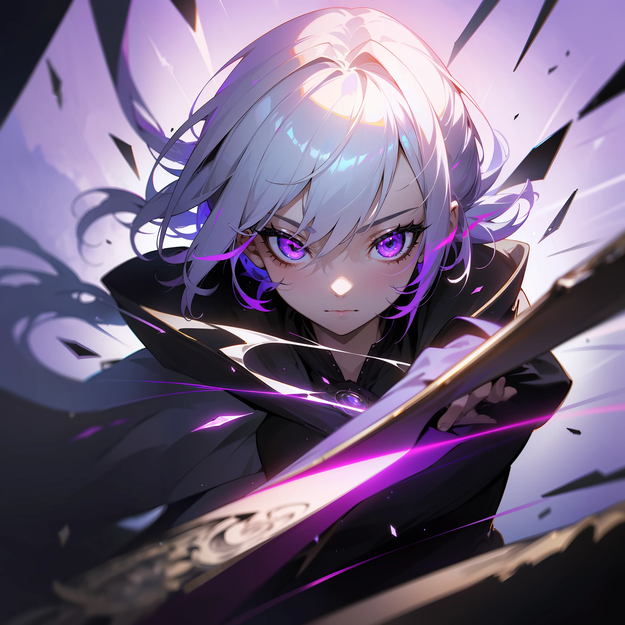 (masterpiece, best quality, ultra-detailed, best shadow), (detailed background,dark fantasy), (beautiful detailed face), high contrast, (best illumination, an extremely delicate and beautiful), ((cinematic light)), colorful, hyper detail, dramatic light, intricate details, (1girl, solo,white hair, sharp face,purple eyes, hair between eyes,dynamic angle), blood splatter, swirling black light around the character, depth of field,black light particles,(broken glass),magic circle,