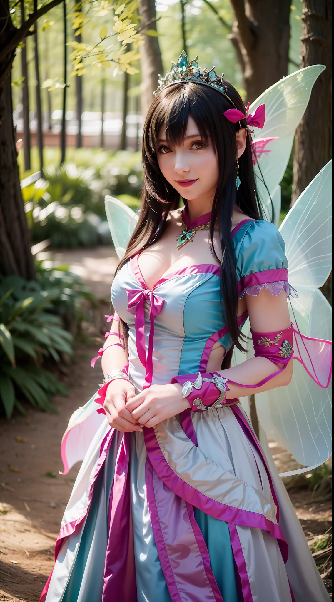 There was a woman standing on a bench，Dressed in fairy costumes, Anime cosplay, Anime girl cosplay, smiling as a queen of fairies, portrait of a fairy, Beautiful fairy, forest fairy, fairy core, faeries, beautiful fairie, beautiful adult fairy, Gorgeous Role Play, portrait of fairy, astral fairy, fairy queen, cosplay, cosplay foto
