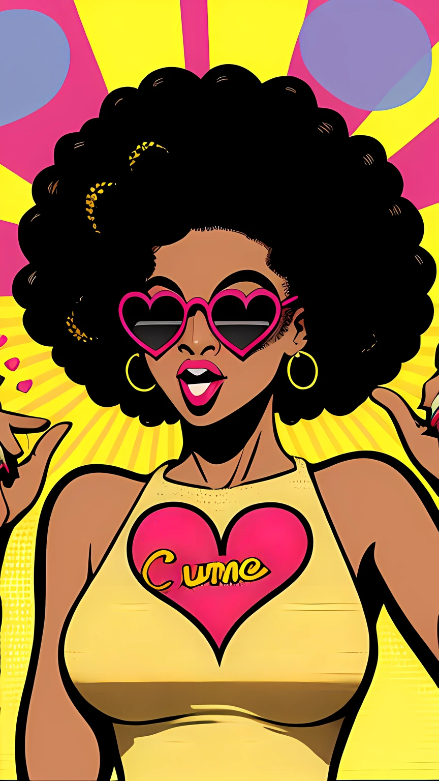 Sticker Wow pop art face. woman with black afro curly hair and open mouth and sunglasses in form of heart with inscription summer in reflection. Vector background in pop art retro comic dots style