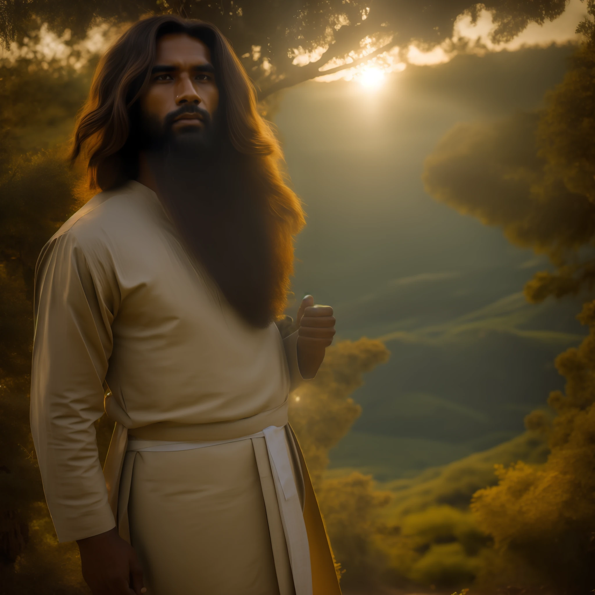 Na imagem, we see God portrayed in rich detail in a scene that harkens back to his time. He is dressed in a long, simple tunic, feita de tecido texturizado e em tons terrosos. His hair and beard are long and slightly wavy and white, demonstrando sua masculinidade e sabedoria.
His eyes are deep and compassionate, refletindo uma serenidade divina. God's gaze conveys unconditional love and compassion for all human beings.
in her hands, Ele segura um cajado de madeira entalhado, simbolizando seu papel como pastor do rebanho. Behind him, um campo verdejante se estende, dotted with wildflowers and natural plants that represent God's creation.
Ao redor de Jesus, There are people from different backgrounds and social conditions. Some are bent over, seeking comfort and guidance, while others are standing, Looking at him with wonder and hope. Their facial expressions vary, showing the diversity of emotions that Jesus awakens in each one.
A luz do sol brilha suavemente sobre a cena, criando uma atmosfera serena e acolhedora. Ao fundo, podem ser vistos montes e colinas, that evoke the landscape of the region in which Jesus lived.