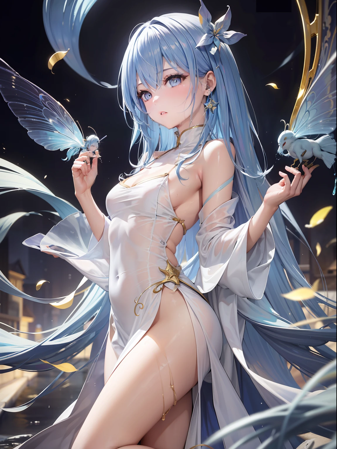 A masterpiece , delicate hair ornament, blue hair, high on the top, aperture on the back, bodhisattva, fairy fluttering, looking up perspective, bare feet, ancient Chinese costumes, gorgeous silk, flowing tulle, dazzling background, golden aperture behind, gold Falun behind, best light, best shadow, movie lighting, mystery, background pure black with ring aperture, ultra high definition, 8k, fair skin, Wolp_ style, duhuang_style, upper body close-up, detailed face, (sideways: 1.5), 28 years old, 1girl, well-dressed, super long clothes, black hole background, surreal, photo, realistic, surfacing from a clear pool, (wet: 2.0), (wet hair: 1.5), medium chest, 48KG weight, smooth skin, light blue pupils, detailed eye painting