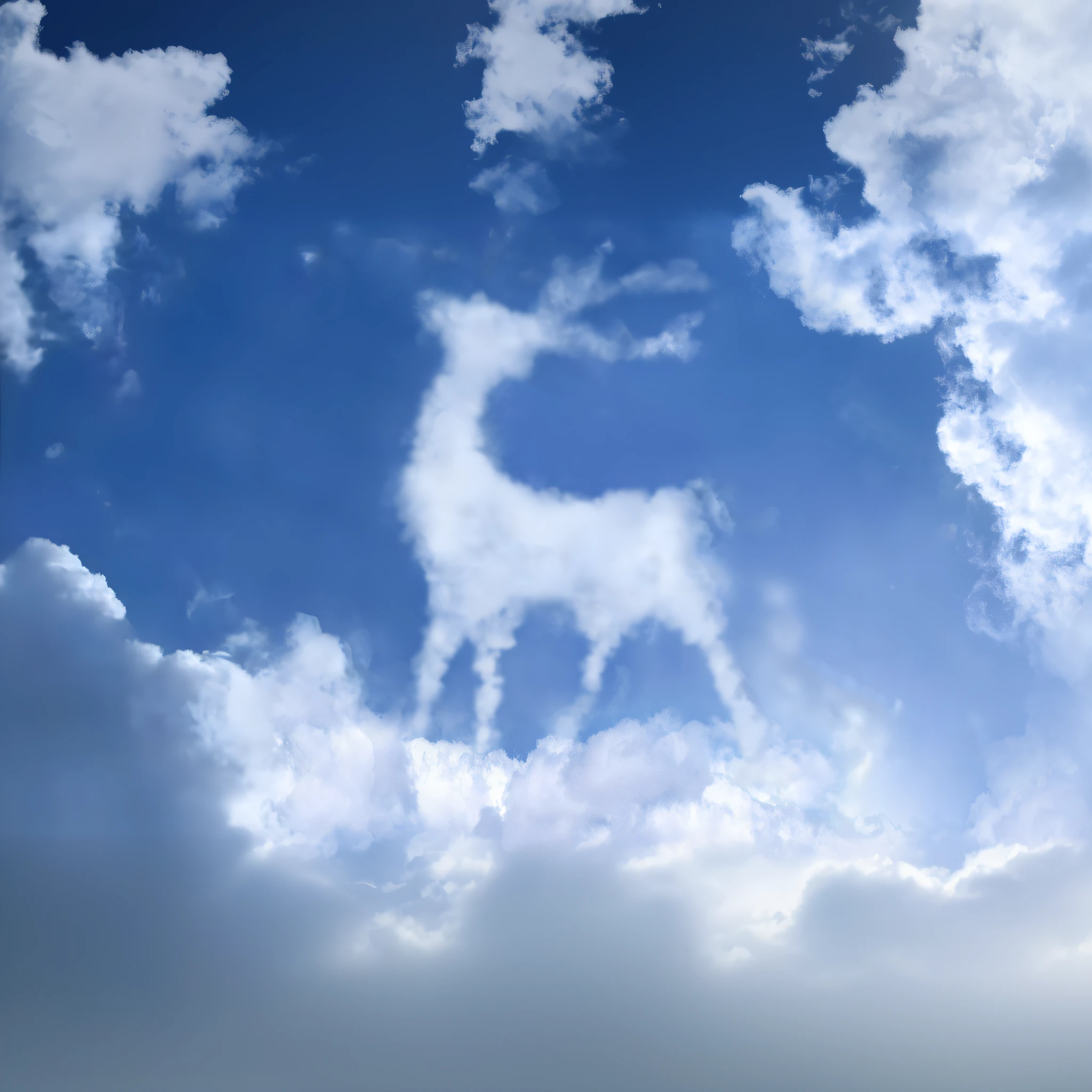 There is a white horse in the sky，The background is clouds, a dragon made of clouds, Reindeer made of shadows, cloud in the shape of a dragon, in a cloud, emitting spore clouds, in a cloud, on cloud, volumetric light clouds, unicorn flying in the sky, Realistic sky, Among the clouds, In the clouds, realistic cloud
