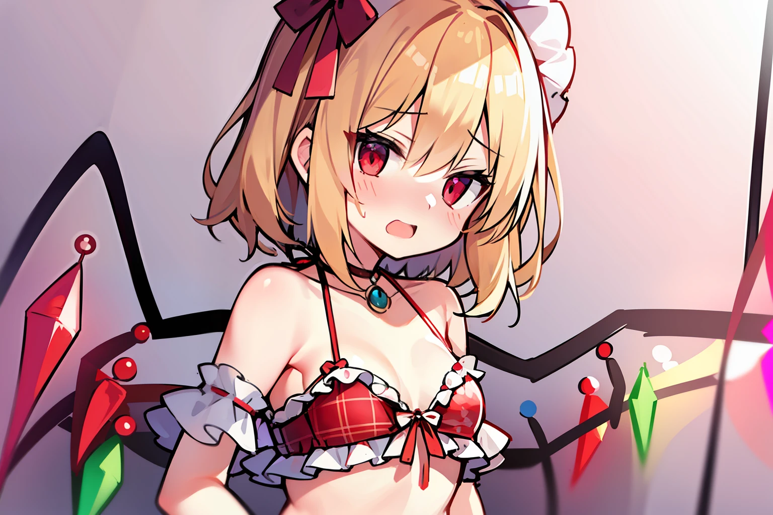 white_background,Flandre Scarlet、frilld、ruffle bikini、embarrassed from、small tits、1 girl