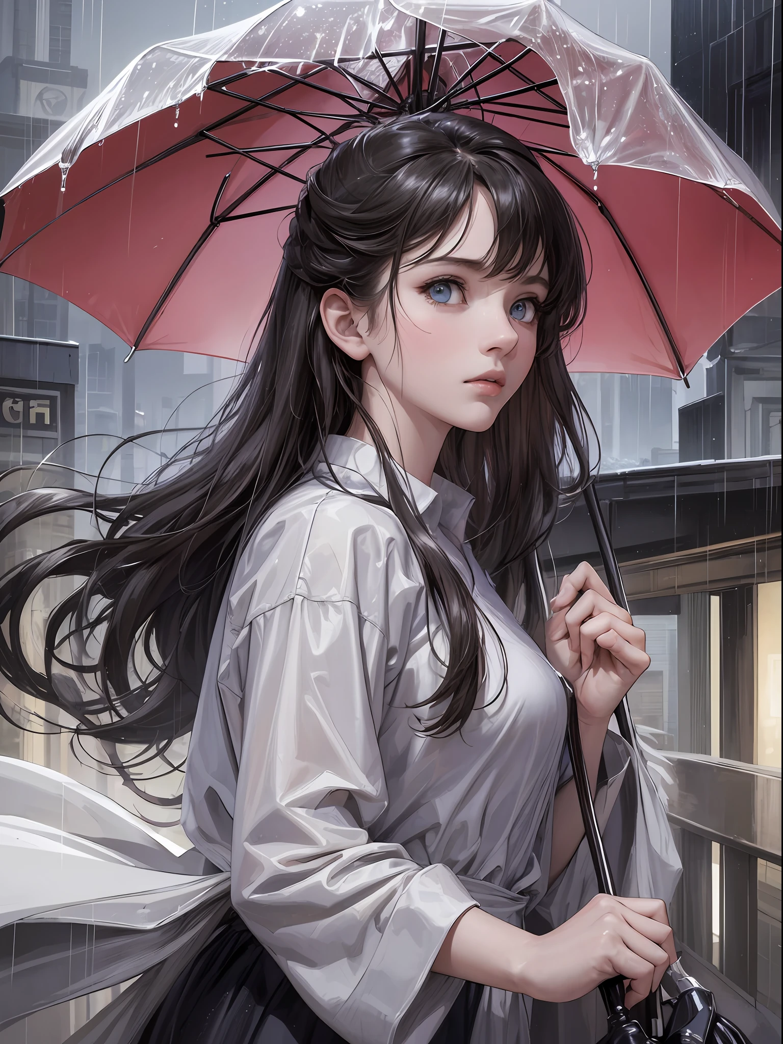 (Masterpiece, Best quality, A high resolution), Lone boy, Melancholic gaze; The wind ruffled his hair, The rain soaked his clothes. The wide shot captures the desolate, rainy landscape and the dimly lit cityscape in the background, The use of soft colors and grainy textures adds to the overall solitary atmosphere.tmasterpiece, Best quality, {Best quality}, {{Masterpiece}}, {A high resolution}, {{Depth of field}}, Very detailed girl, illustratio, 独奏, tack sharp focus, female focus, brunette color hair, long whitr hair, ice-blue-eyes, Hair between both eyes, flatchest, Rained, drippy, look up to, absurderes, Frustrated, Grey_sky, mostly cloudy sky, downpours,tee shirt, wetclothes, Wet hair, face expressionless, exteriors,The girl stands in the rain,Holding an umbrella in his right hand,Carrying a white plastic bag