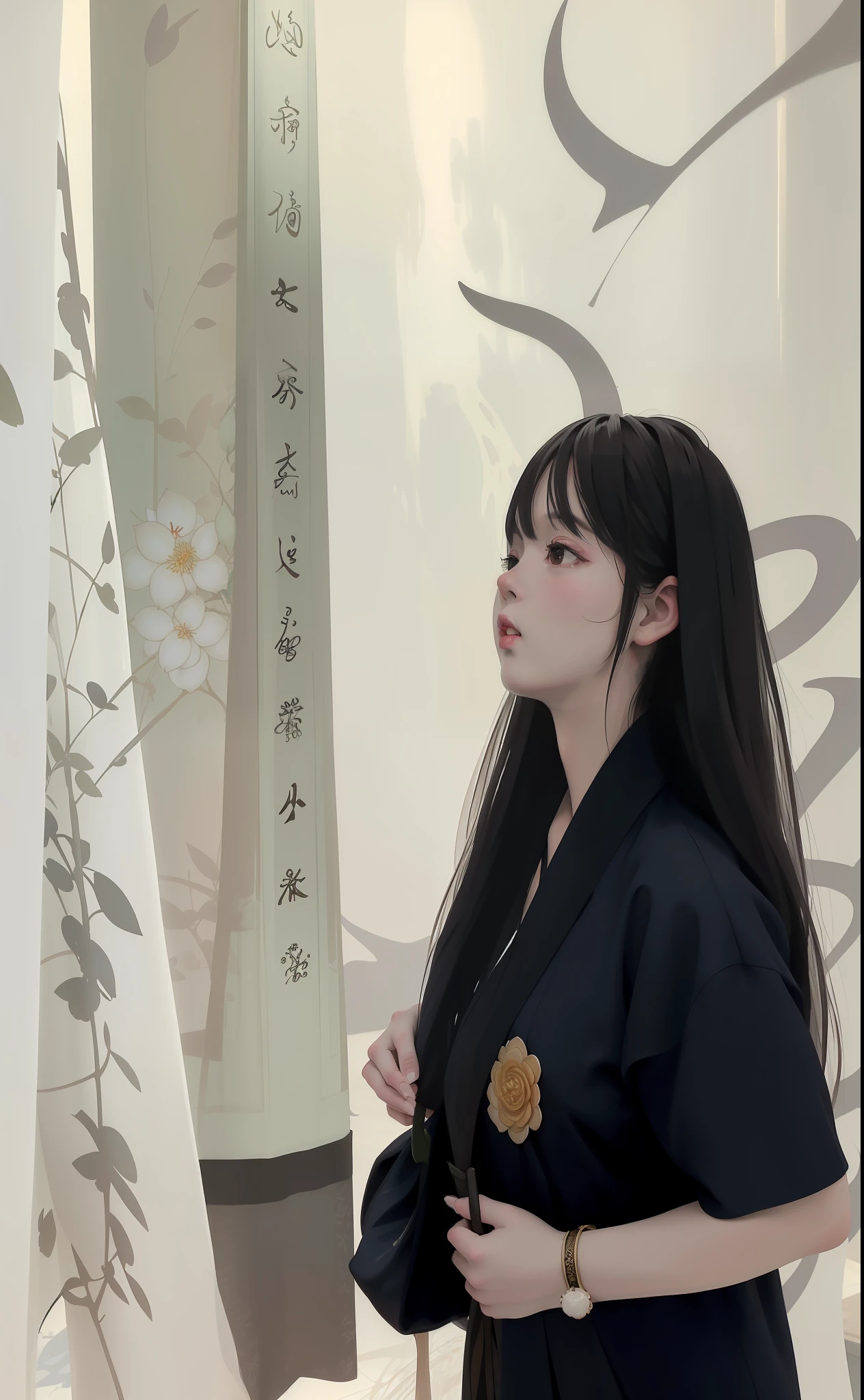 ((4k,masterpiece,best quality)), shuimobysim, Traditional chinese painting, lotuses, Hanfu, maxiskit, Dress conservatively 1girl, solo, long whitr hair, ssmile, standing on your feet,