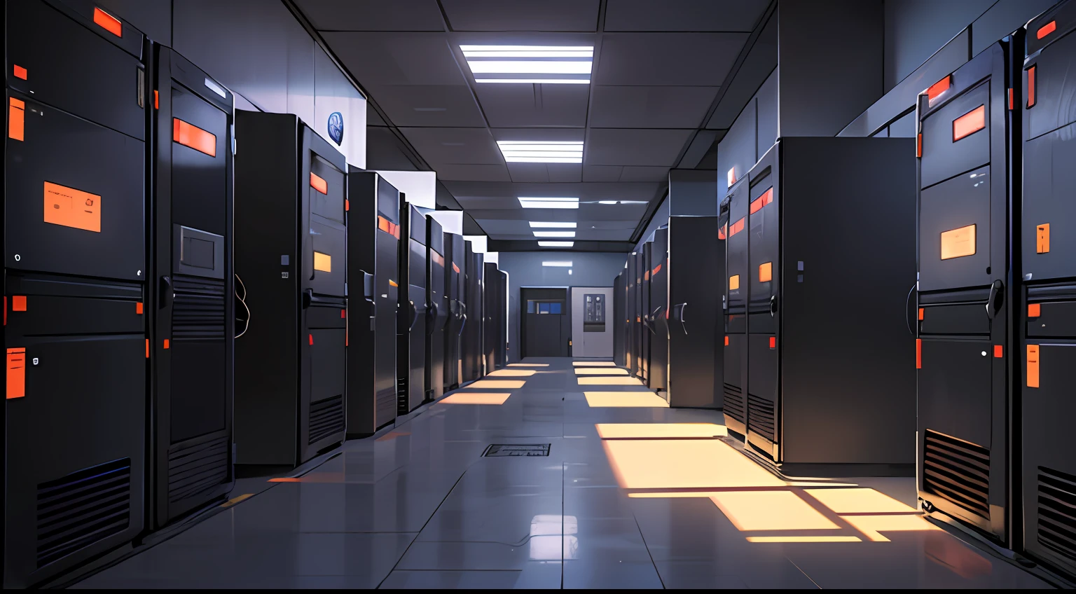 a dimly lit hallway with rows of data and computer screens, background is data server room, hacking into the mainframe, cyber space, in realistic data center, 3840x2160, 3840 x 2160, spaceship hallway background, cyber architecture, surreal cyberspace, in detailed data center