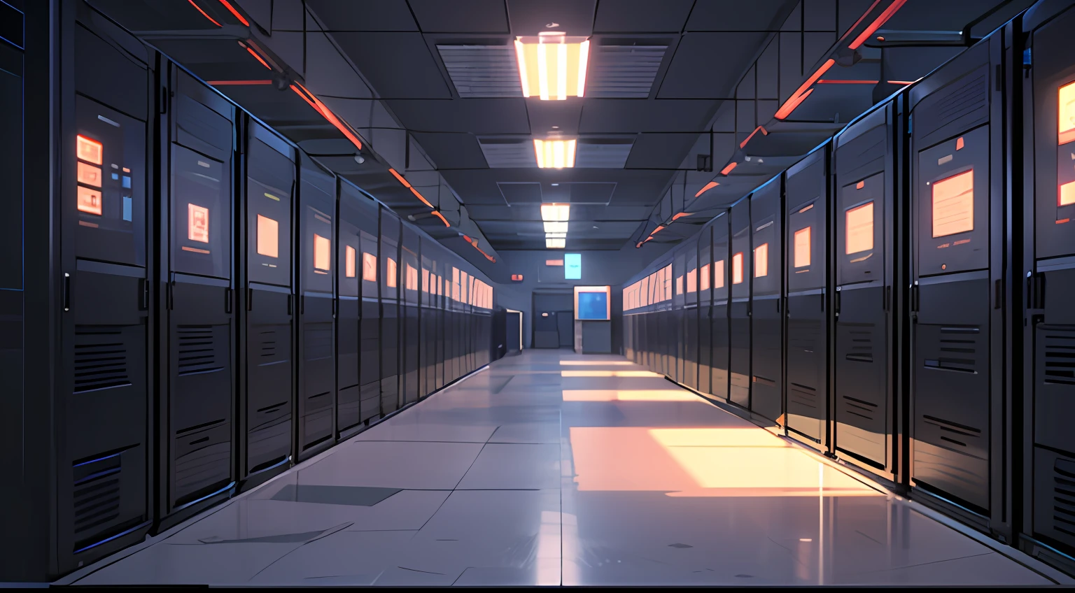 a dimly lit hallway with rows of data and computer screens, background is data server room, hacking into the mainframe, cyber space, in realistic data center, 3840x2160, 3840 x 2160, spaceship hallway background, cyber architecture, surreal cyberspace, in detailed data center