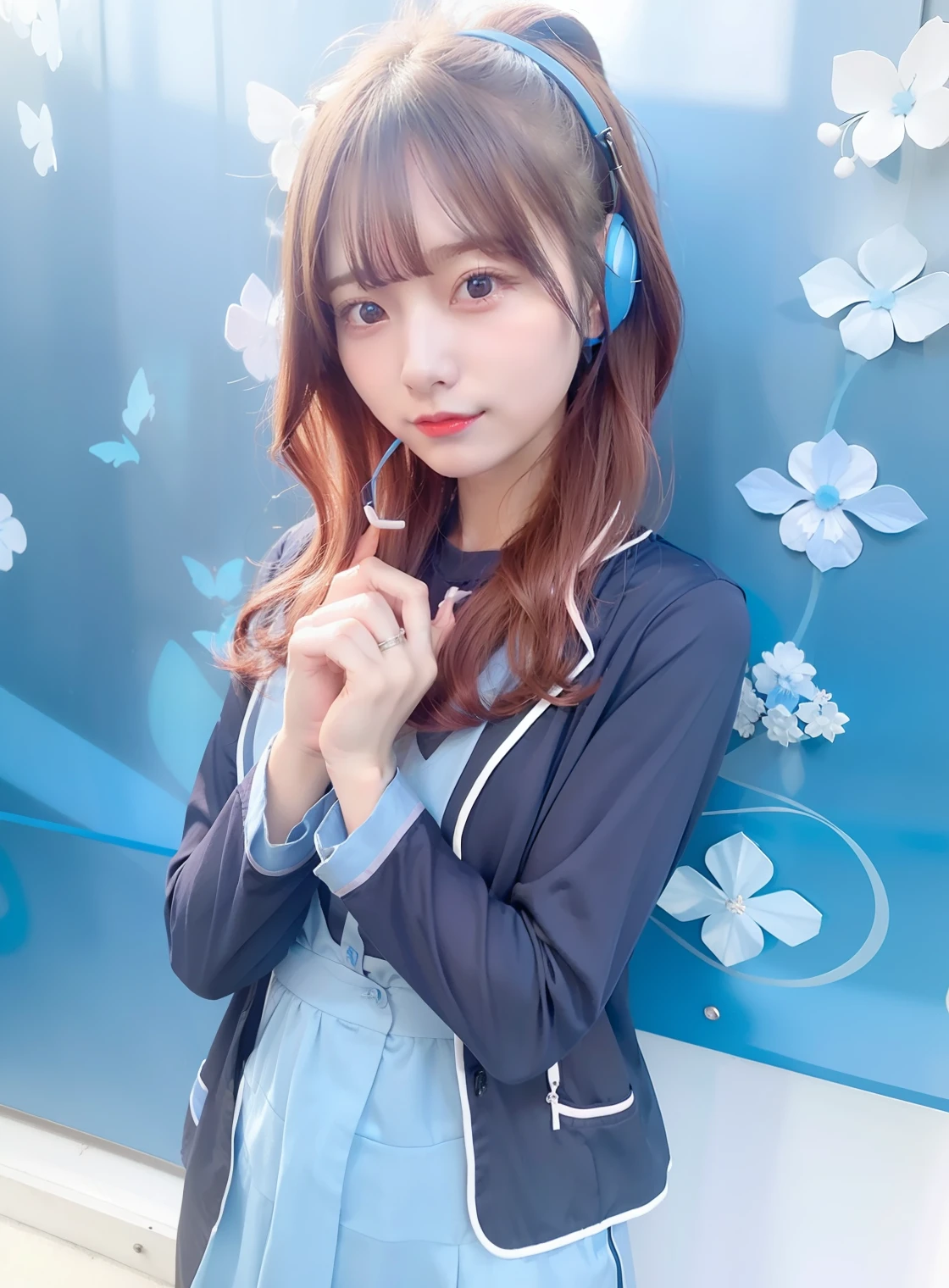 1 girl,dark blue shirt, young blue long shirt,make blue headphones in the neck, crimson hair,nakano miku,realistic,ultra detail,blue backgound