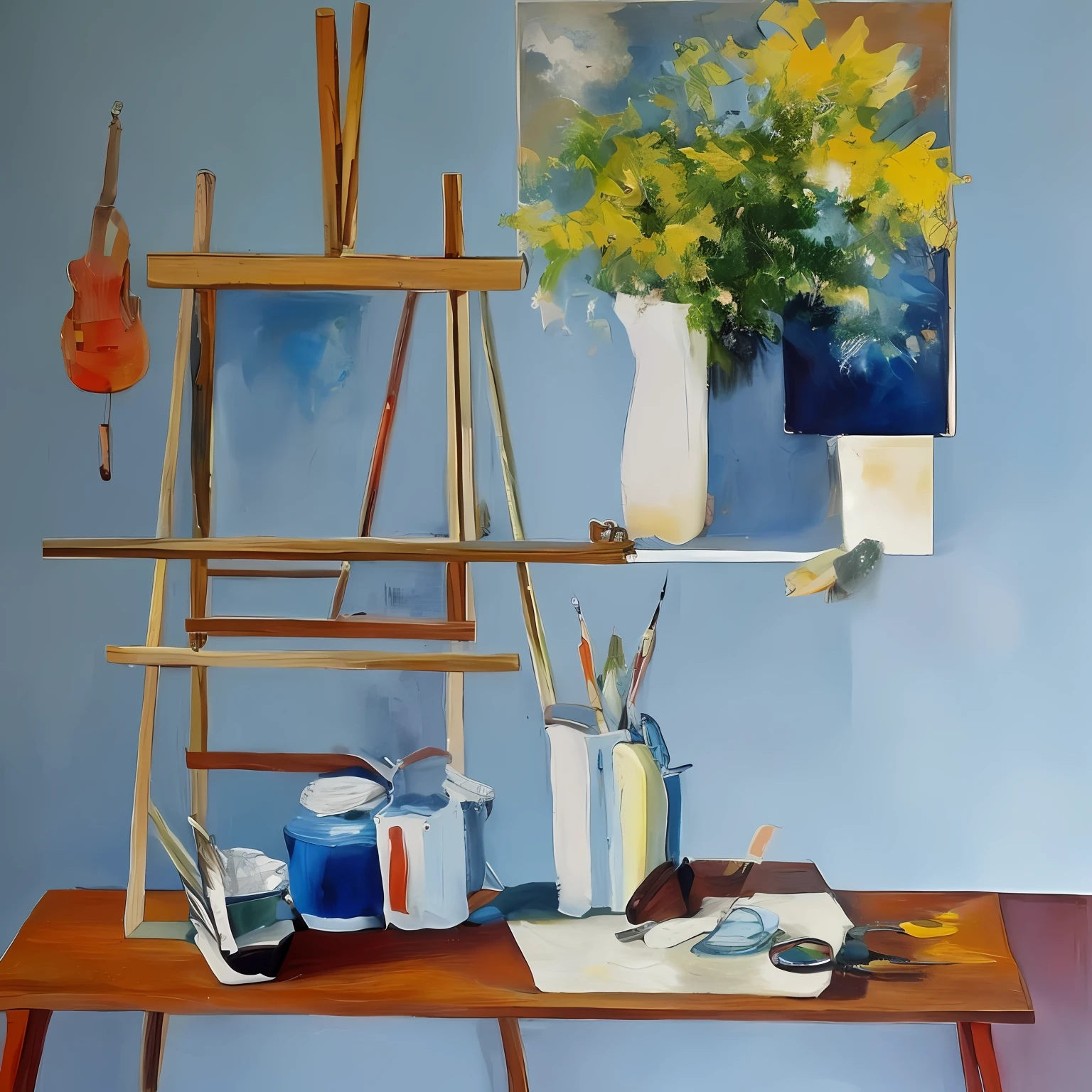 sobu,Minimalist style:1.2,White walls,Art studio,There are all kinds of art all around,paint brushes,Oil easel