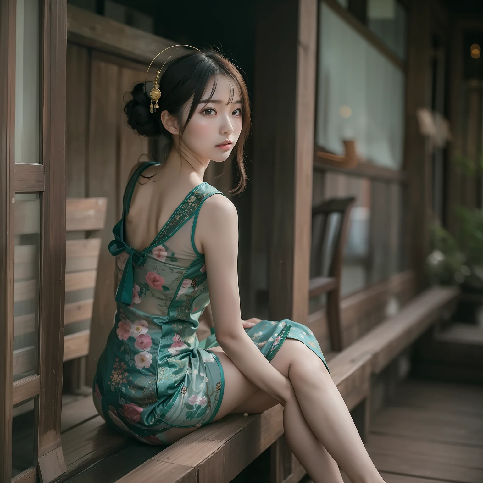 The Arakfi woman sits on a wooden porch,The legs are slender and slender,the soft light:1.3,Delicate headgear,pretty feet,wearing cheongsam, gorgeous chinese models, full bodyesbian,cute elegant pose, a stunning young ethereal figure, photo of slim girl model, xintong chen, Photo of slim girl
