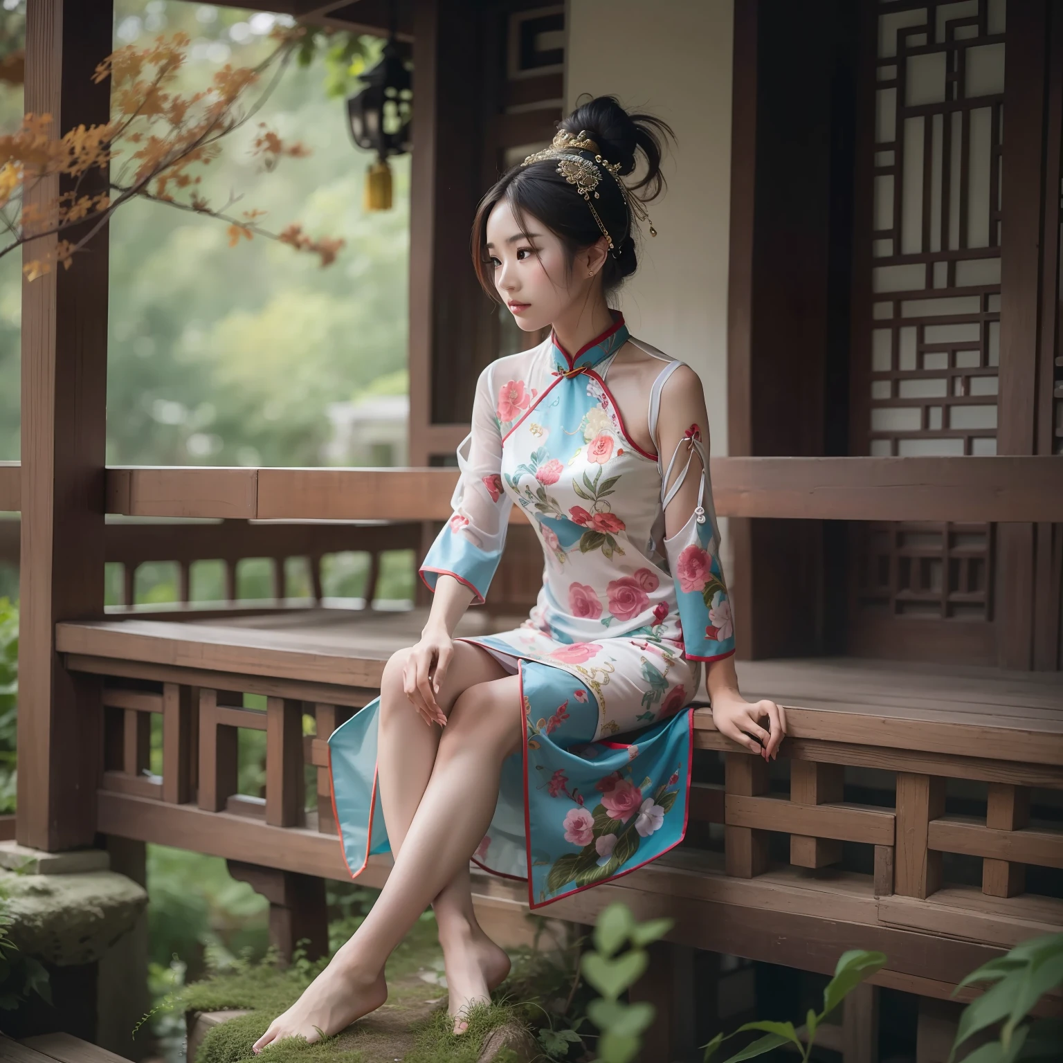 The Arakfi woman sits on a wooden porch，The legs are slender and slender，the soft light：1.3，Delicate headgear，pretty feet，wearing  cheongsam, gorgeous chinese models, full bodyesbian，cute elegant pose, a stunning young ethereal figure, photo of slim girl model, xintong chen, Photo of slim girl