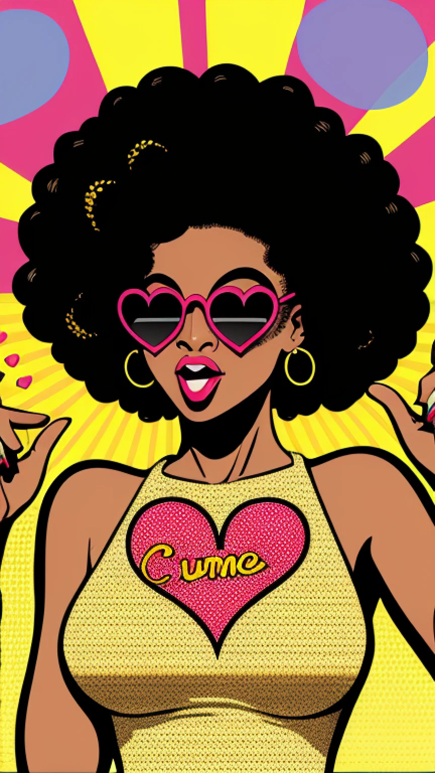 Sticker Wow pop art face. woman with black afro curly hair and open mouth and sunglasses in form of heart with inscription summer in reflection. Vector background in pop art retro comic dots style