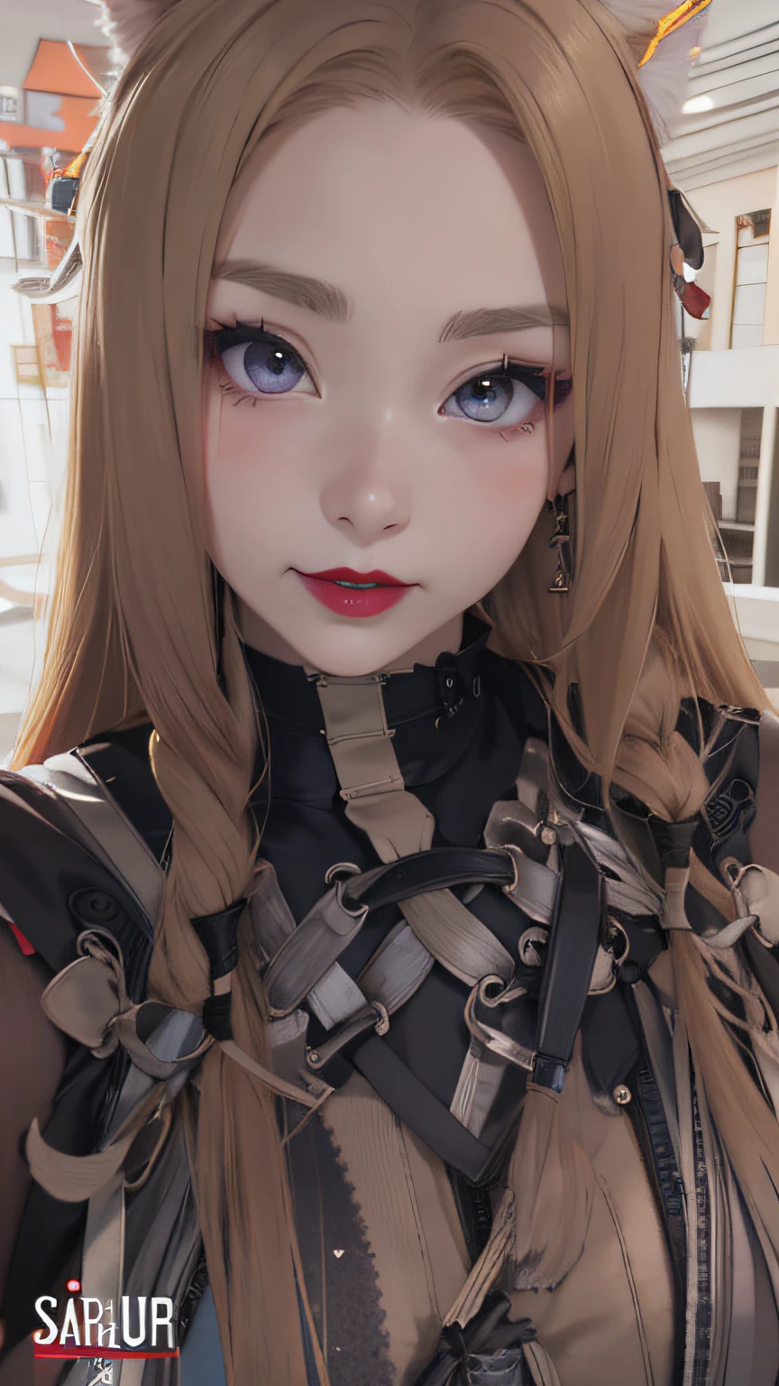 a close up of a woman with long hair and a red lipstick, 1 8 I, Yoshitomo Nara, ruan jia beautiful!, Korean symmetrical face, sakimichan, She is facing the camera, 30 year-old woman, 3 0 years old woman, very beautiful cute catgirl, wearing angel halo covered face