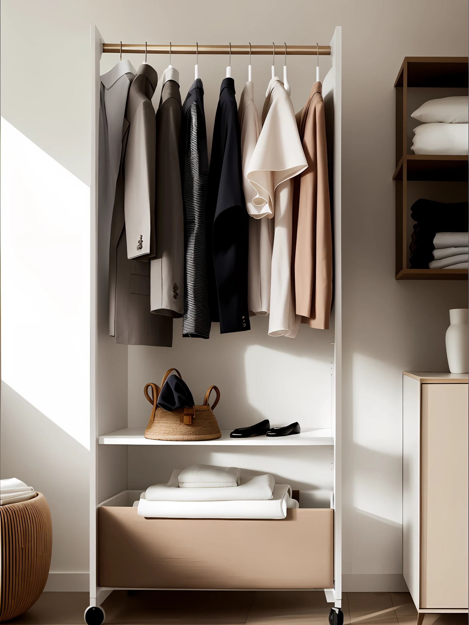 There is a shelf，There were clothes and a basket on it, elegant wardrobe, Neat and tidy, exiting from a wardrobe, limpo e organizado, elegant futuristic wardrobe, Clear detail, Clean image, elegant minimalism, full resolution, author：Thomas Hefner, visually crisp & Clear, with everything in its place, Flat neutral tones, minimalistic and beautiful, Full of details