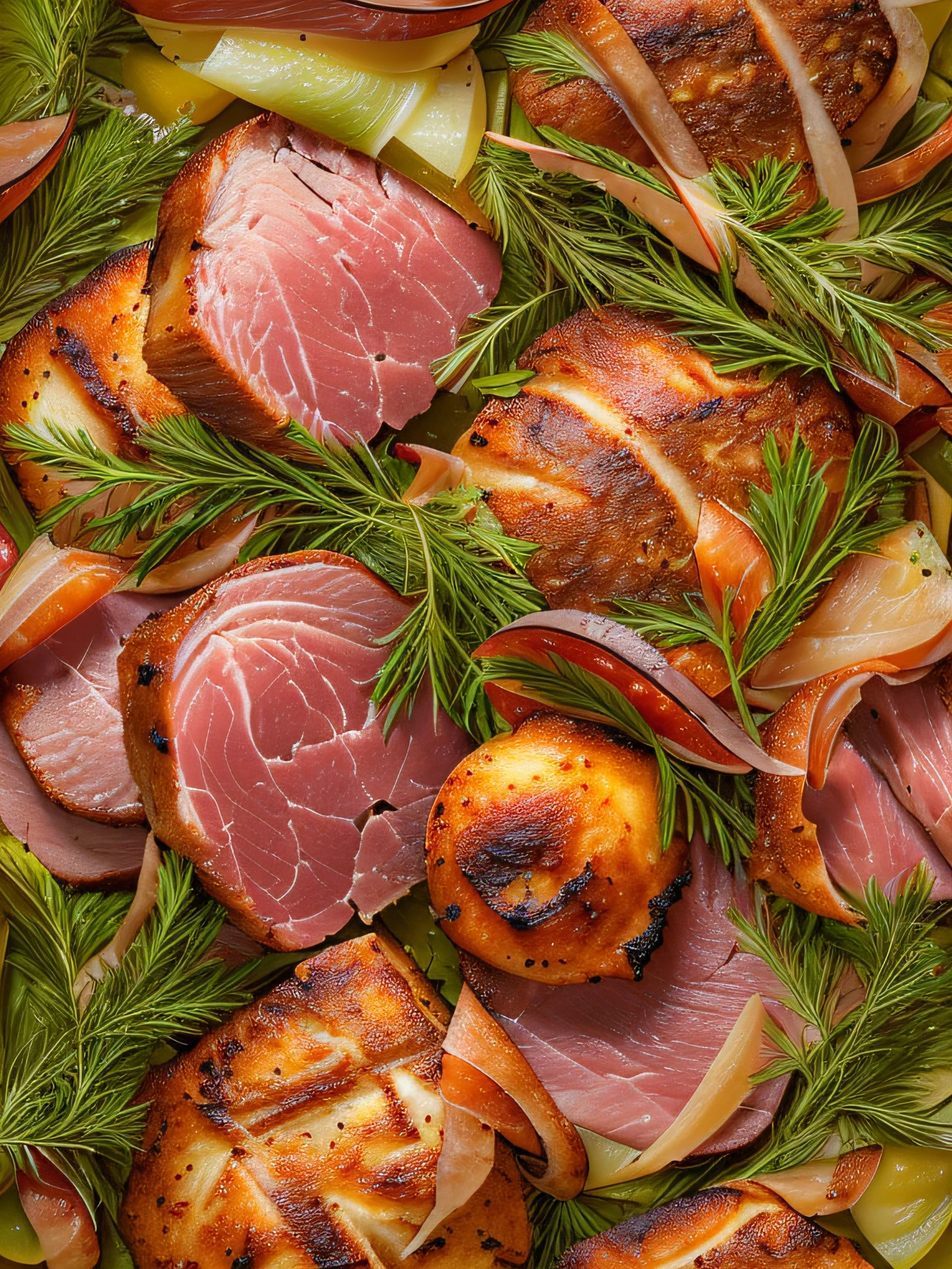 luscious, Bright and appetizing ham, with high detail and sprinkled sides, cinematic style with HDR effect, created with Adobe Lightroom.