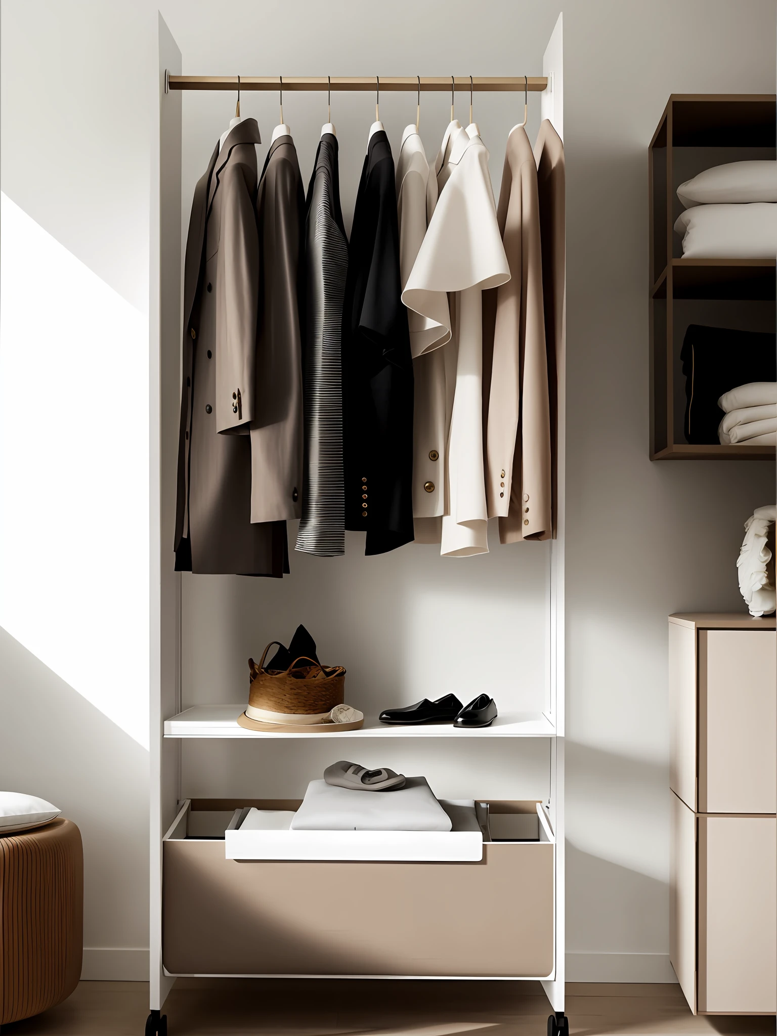There is a shelf，There are clothes and baskets on it, elegant wardrobe, Neat and tidy, exiting from a wardrobe, limpo e organizado, elegant futuristic wardrobe, Clear detail, Clean image, elegant minimalism, full resolution, author：Thomas Hefner, visually crisp & Clear, with everything in its place, Flat neutral tones, minimalistic and beautiful, Full of details