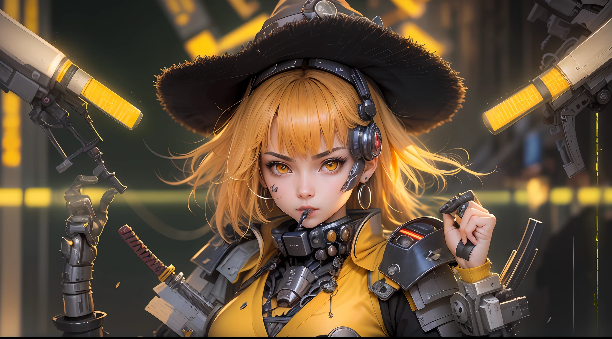 Super realistic, hyper realistic, super detailed, (cybersamurai, 1girl, hat, jewelry, yellow eyes, upper body, earrings, hand up, blurry, mask, witch hat, blurry background, science fiction, mouth mask, mecha musume, mechanical arms, cyborg, cyberpunk, katana on back, katana handle sticking out behind back:1.3) (glowing simple black background:1.25), masterpiece, best quality, wide-angle Hyperdetailed, masterpiece, best quality, 8k, natural lighting, soft lighting, sunlight, HDR (High Dynamic Range), Maximum Clarity And Sharpness, Multi-Layered Textures