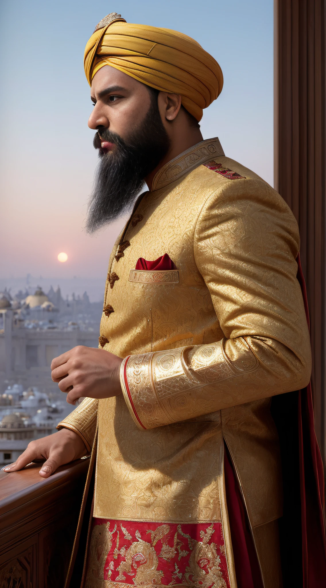 (masterpiece, 8K, oil painting, realistic style, Greg Rutkowski's touch:1.3), Babur, strong features, (piercing eyes:1.2), thick beard, adorned in (lavish Mughal royal attire:1.2), decorated turban, wielding beautifully crafted shamshir, surveying vast empire from palace balcony, skyline adorned with domes and minarets, early morning, warm glow of sunrise, warm colors, calm atmosphere, close-up, profile view.