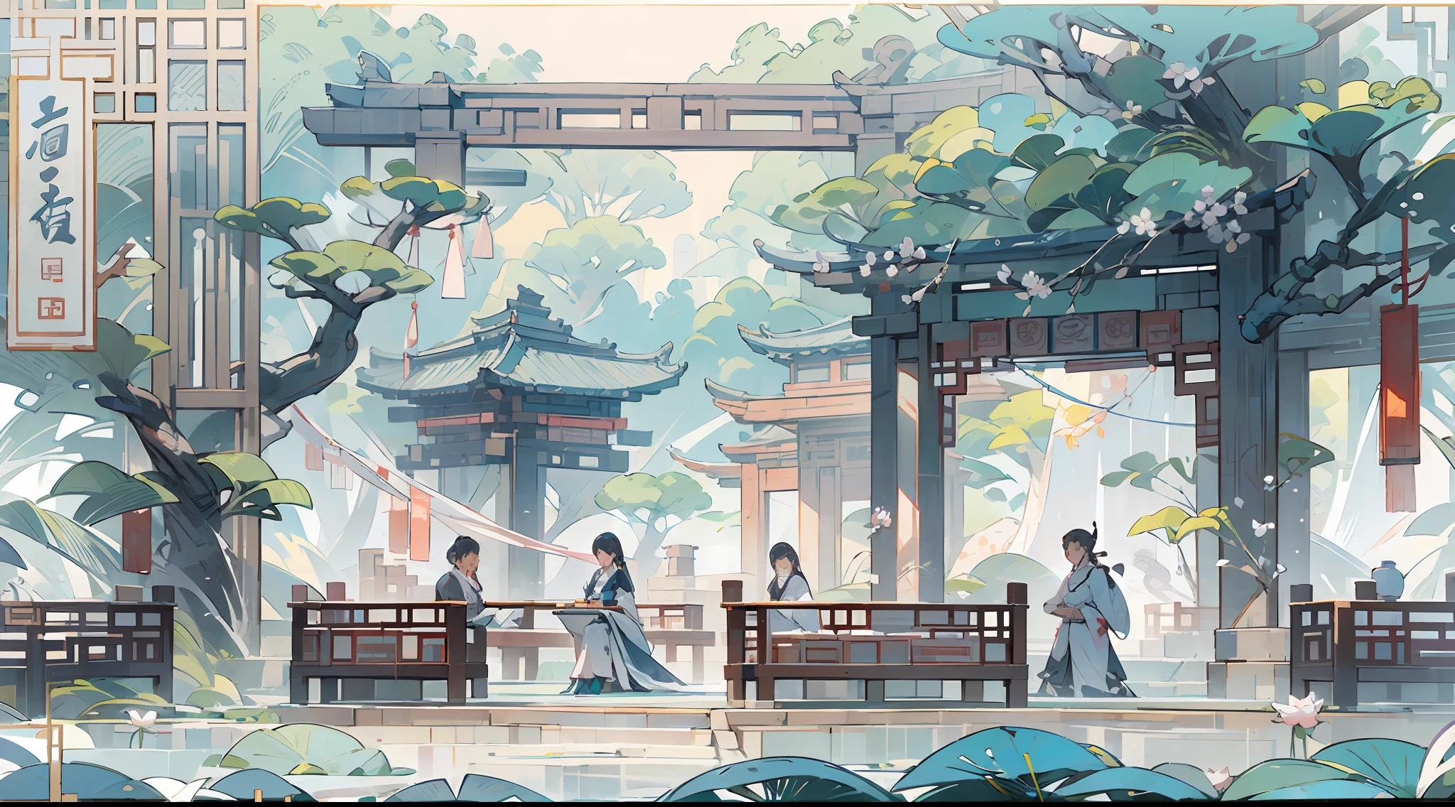 Antique game scene design，big trees，florals，Lotus architecture，Floating table，A blue sky，White cloud，Chinese ink painting OC rendering sculpture