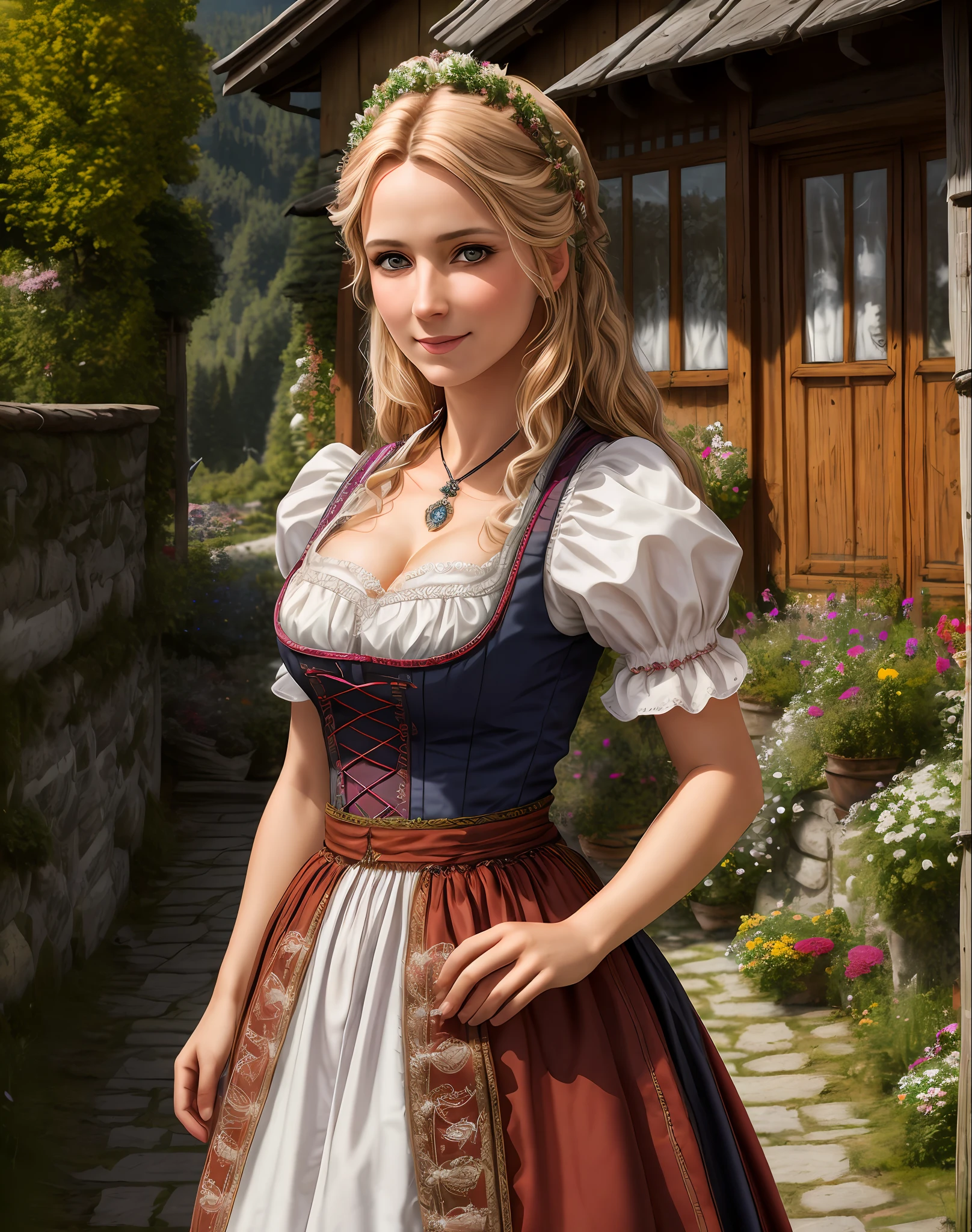 Masterpiece, absurdres, fine detail, HDR, highly detailed face and eyes, photorealistic,  drindl, a woman in traditional bavarian dress poses with her hands behind her back ,german woman, wearing drindl