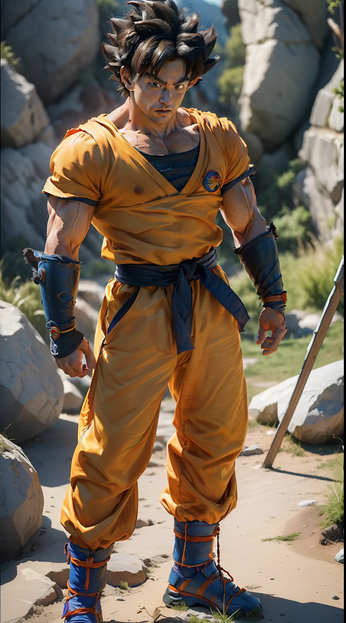 ((masterpiece:1.4, best quality)), ((masterpiece, best quality,8K)), (photo realistic:1.4), son_goku, male, man, (base_form), (dragon ball z, dragon ball super, goku) , muscle man, pectoral muscles, (rock ground, cracked ground, earth), professional lighting, hysically-based rendering