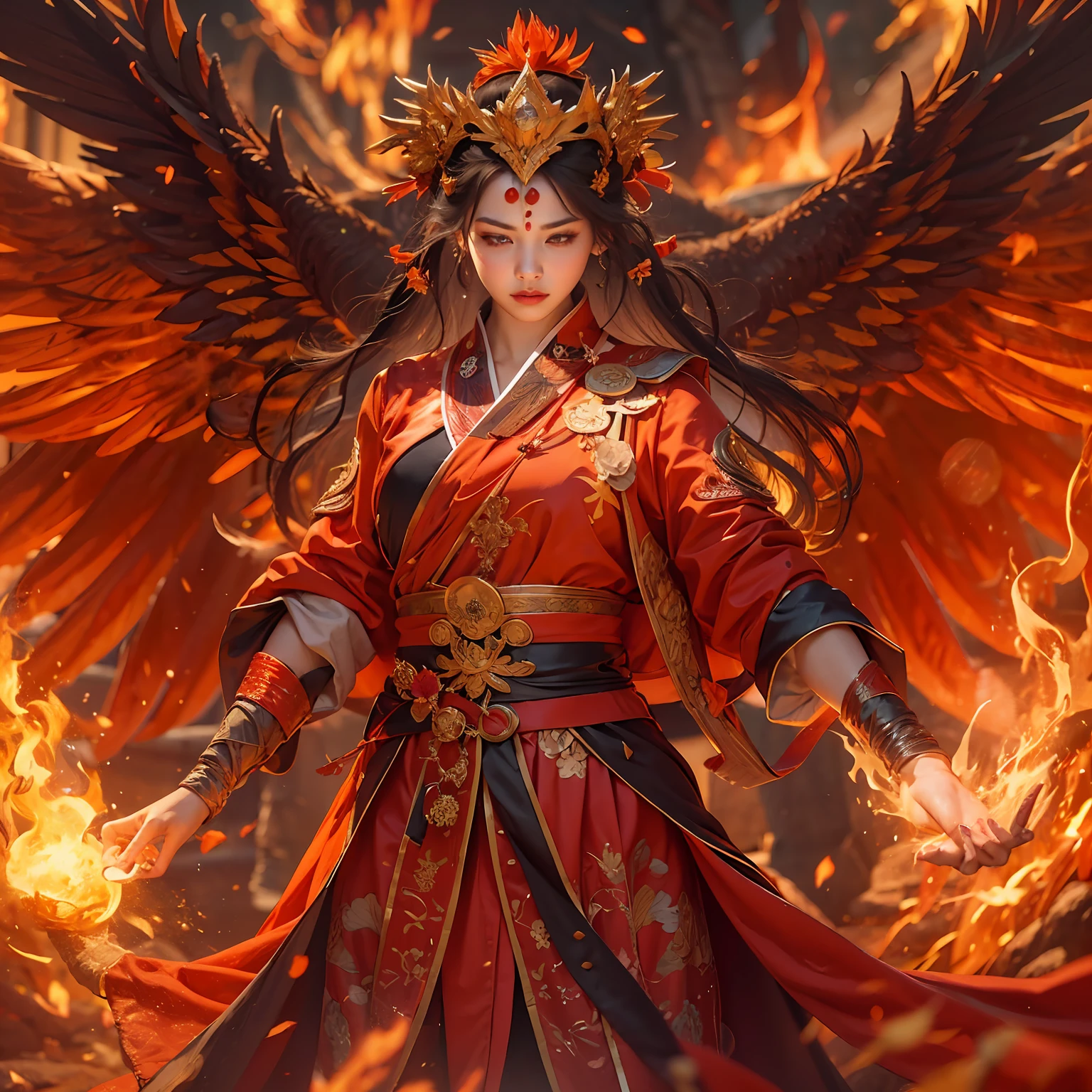 A flame mage is dressed in fiery red (Chinese Han costume) with intricate runes and ornaments embroidered on his robe, exuding a scorching aura. He was tall and powerful, his hands were raised, and powerful flame spells were being released. His eyes were firm and sharp, a flash of fire flashed in his eyes, behind the flame mage, (A huge flame phoenix spreads its wings and flies: 1.2), (the phoenix's feathers burn with roaring flames), emitting dazzling light, its body is surrounded by flames, the flame feathers dance, forming a spectacular flame six-pointed star array pattern, full of mysterious magic, the whole scene is full of fiery breath and passion for battle, a large area of flame spells bloom in the air, forming a brilliant flame arc and a flying spark, (flame mage and phoenix), in the raging fire looks majestic and mysterious, like the embodiment of fire and magic, red hair, high detail, surrealism, realism, ((bust photo)), (real photo). :1.4), (chiaroscuro), cinematic lighting, realistic special effects, C4D rendering, octane rendering, ray tracing, panorama, POV, textured skin, super detail, UHD, masterpiece, anatomically correct, best quality, high resolution, 8k