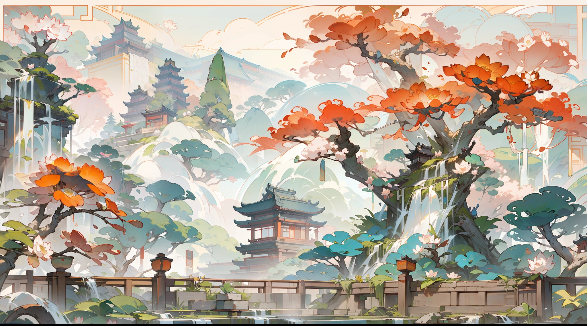 Antique game scene design，big trees，florals，Lotus architecture，Floating table，A blue sky，White cloud，Chinese ink painting OC rendering sculpture