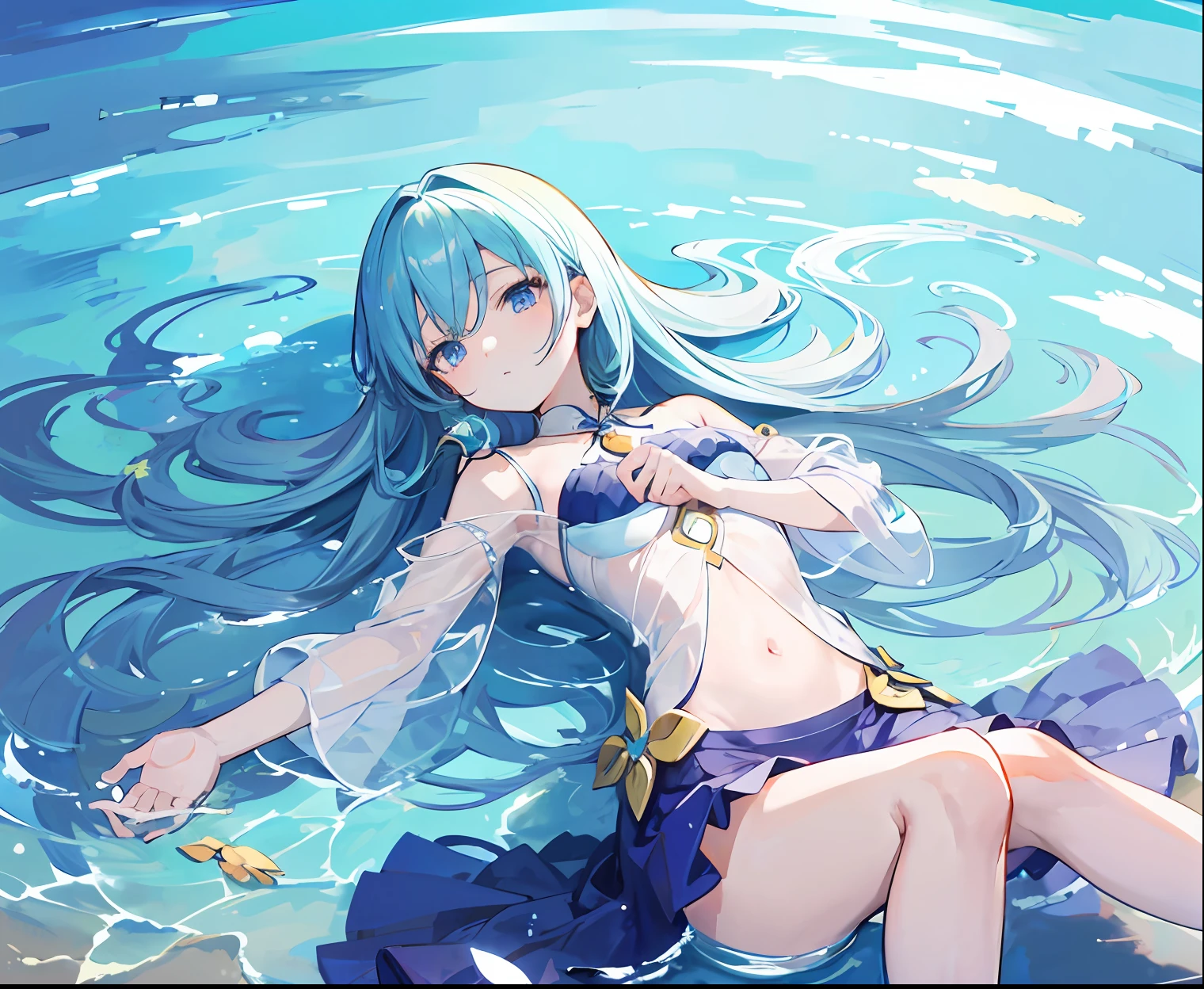 Anime girl peacefully resting on the ground, with crystal-clear water creating a serene atmosphere, captured from a captivating overhead perspective.