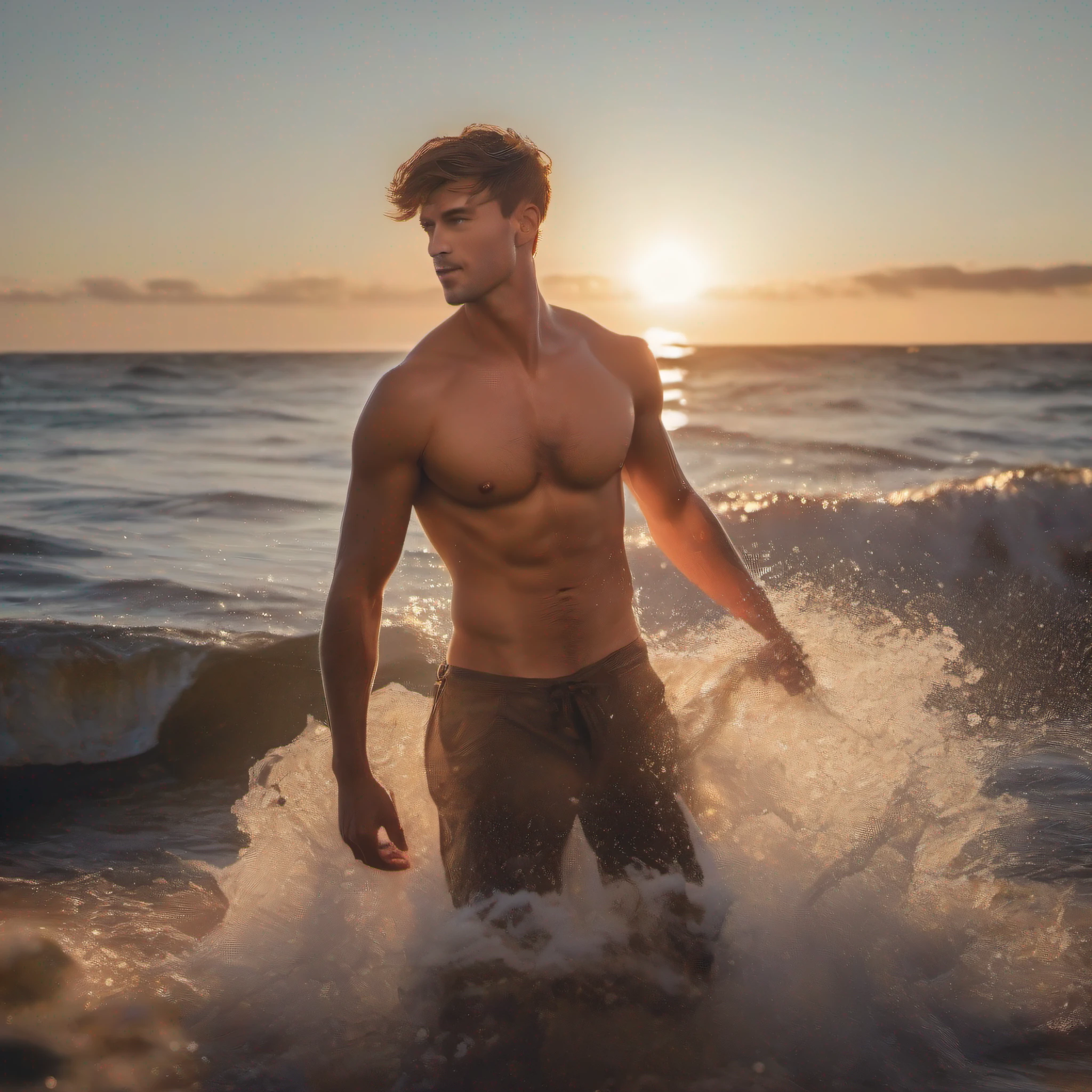 candid photography of a shirtless handsome man, brown short hair with a fringe, getting in the sea at sunrise