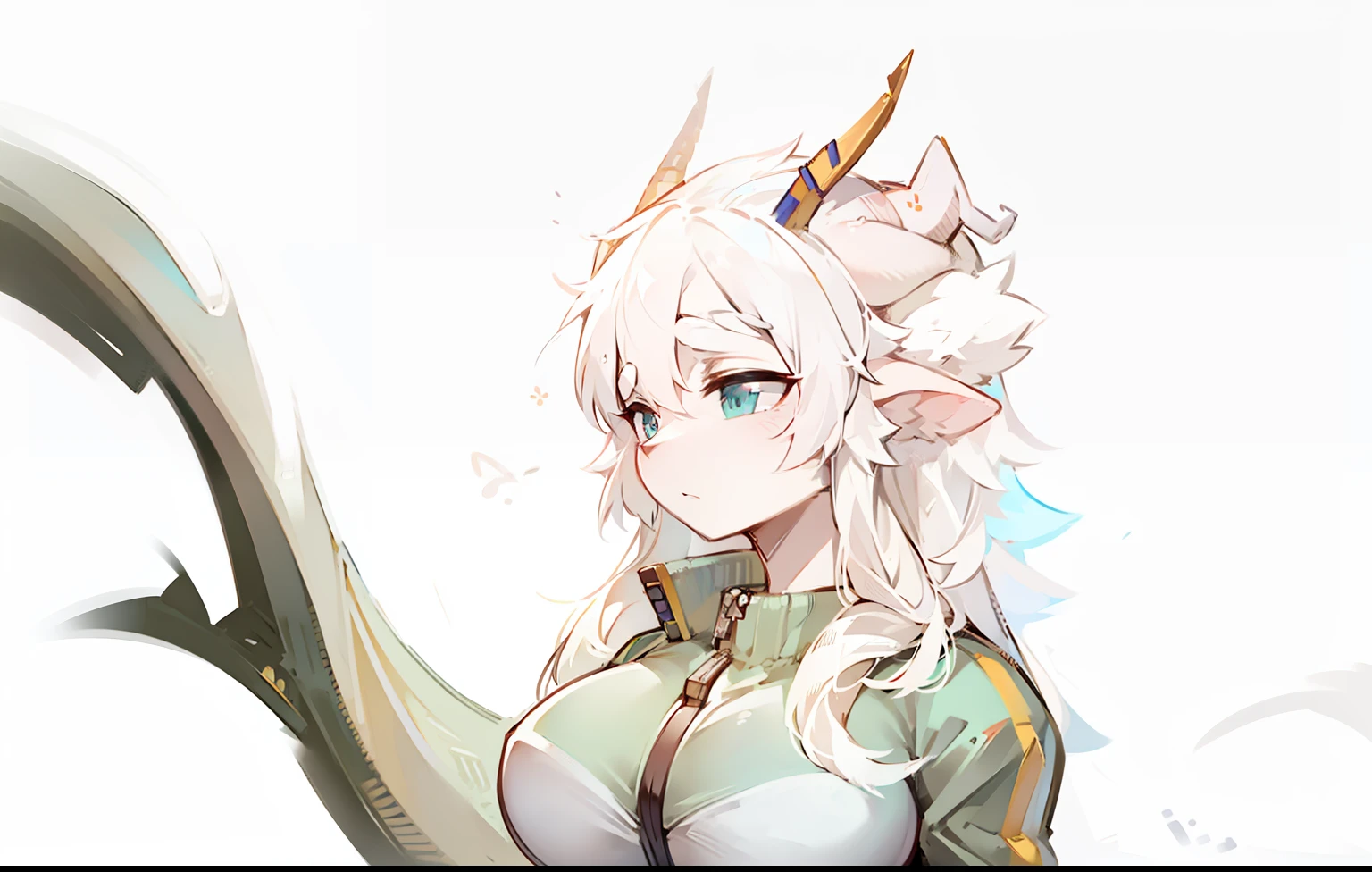 Wearing track suit, Dragon horn white-haired female, Her big tail is fluffy,it's lovely