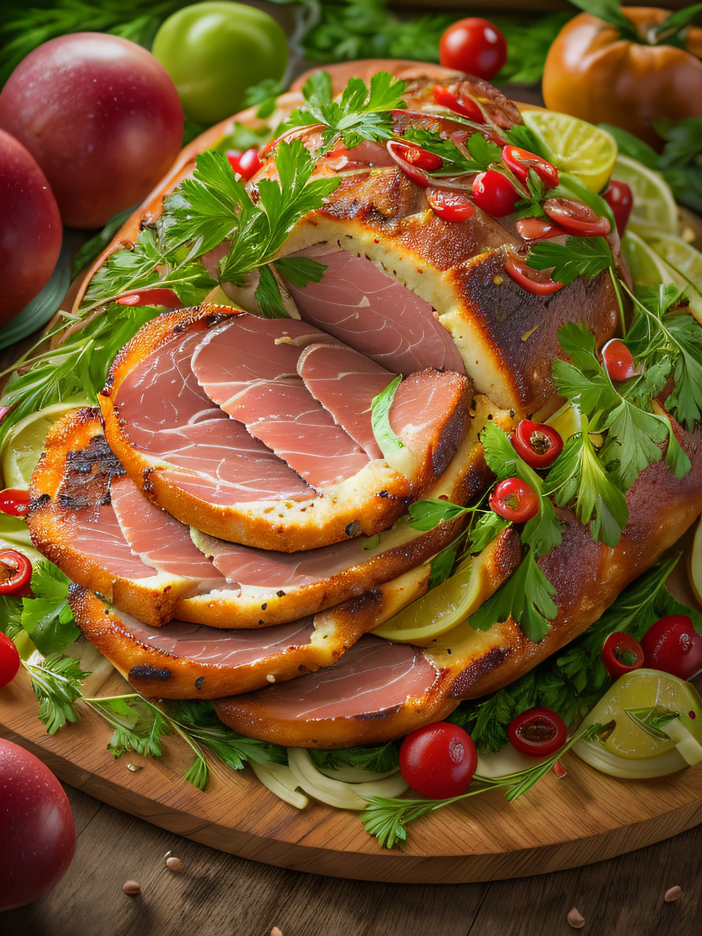 luscious, Bright and appetizing ham, with high detail and sprinkled sides, cinematic style with HDR effect, created with Adobe Lightroom.