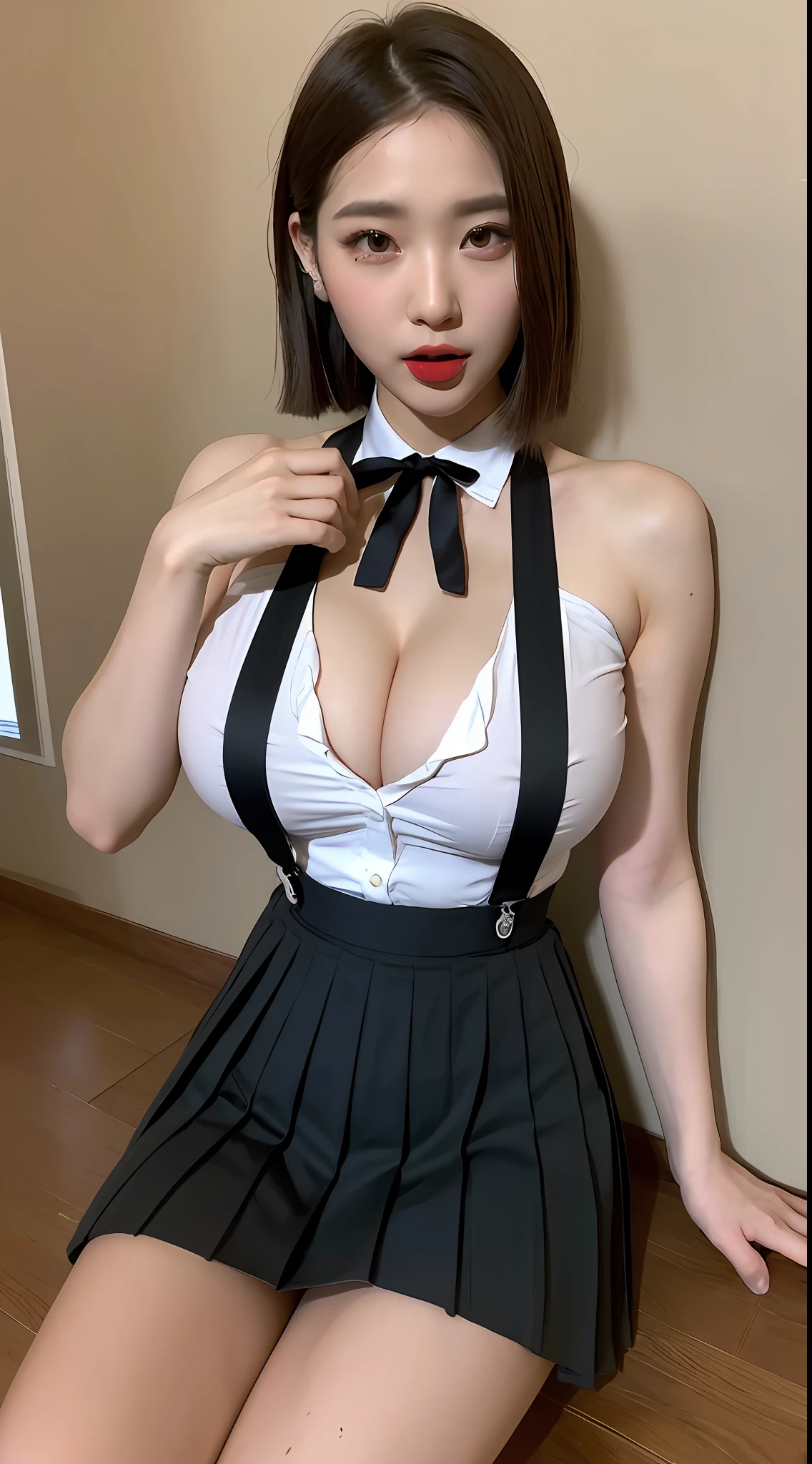 1girl, solo, colorful, (masterpiece, best quality:1.3), (abruds:1.3), (detailed skin:1.3, detailed face:1.3), viewer from above, focused, delicate, (korean beauty, korean mixed:1.3), (MILF:1.2), (BIG BREASTS: 1.4, THIGH THICKNESS: 1.2, NARROW: 1.1), RED EYE SHADOW, PINK LIPS, (STRAIGHT HAIR), BLACK SILK SEXY GIRL, big breasts, exposed breasts, slender, convex and upturned, wearing an ultra-short pleated skirt, suspenders, sticking out his tongue, a shy expression, drooling, full body photo, long legs,