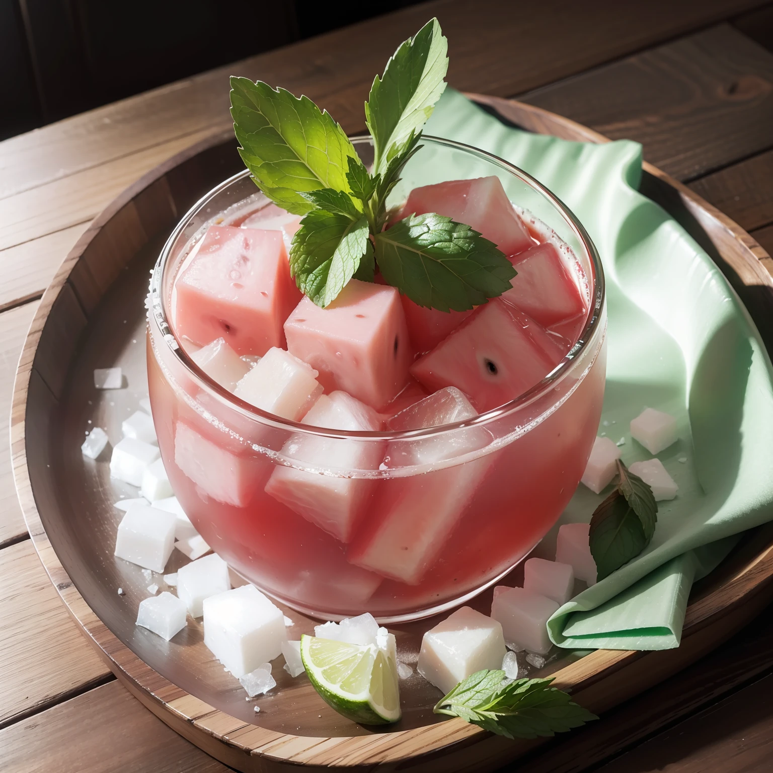 A glass of soda, frozen, frozen effect, placed on a wooden tray with a couple of pieces of watermelon, mint leaves, cut perfume lime green, with ice cubes, a few scattered ice cubes on a wooden board, ultra-realistic food pictures, full subject shown in the photo, Randy Post, hyper realistic &quot;, hyper realistic&quot;, high res photo