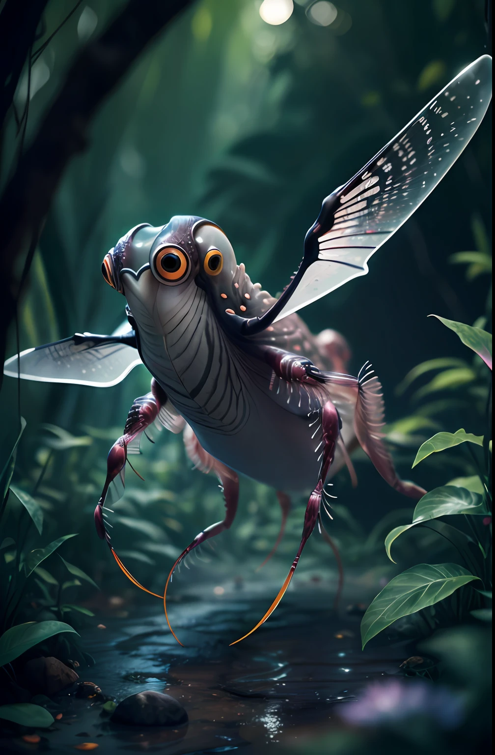 Big six legs creature whith transparent and lighting body, long wings, walking on all six legs, (((cuttlefish head))), ((four eyes)), six leghs, in the jungle, jungle, rain forest, high image quality, realistic look, high-resolution photography, 8K, full-frame matrix, deep shadows, ((one character)), (intricate details, subsurface scattering, hyperdetailed:1.15), (hyperrealism, volumetric lighting, sharp:1.5) Fujifilm XT3