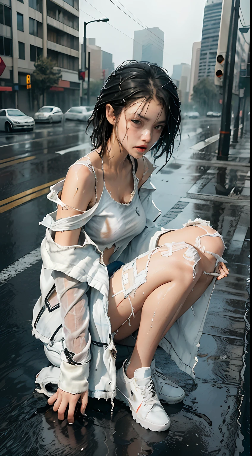 best image quality, masterpiece, super high resolution, (fidelity:1.4), photo, 1 girl, white shirt, torn jeans, white sneakers, dim, urban, despair, happy, under the rain, movie, working in the field .teardrops, (torn clothes:1.5), (wet clothes:1.4), bare shoulders, real rain, wet hair, clear face
