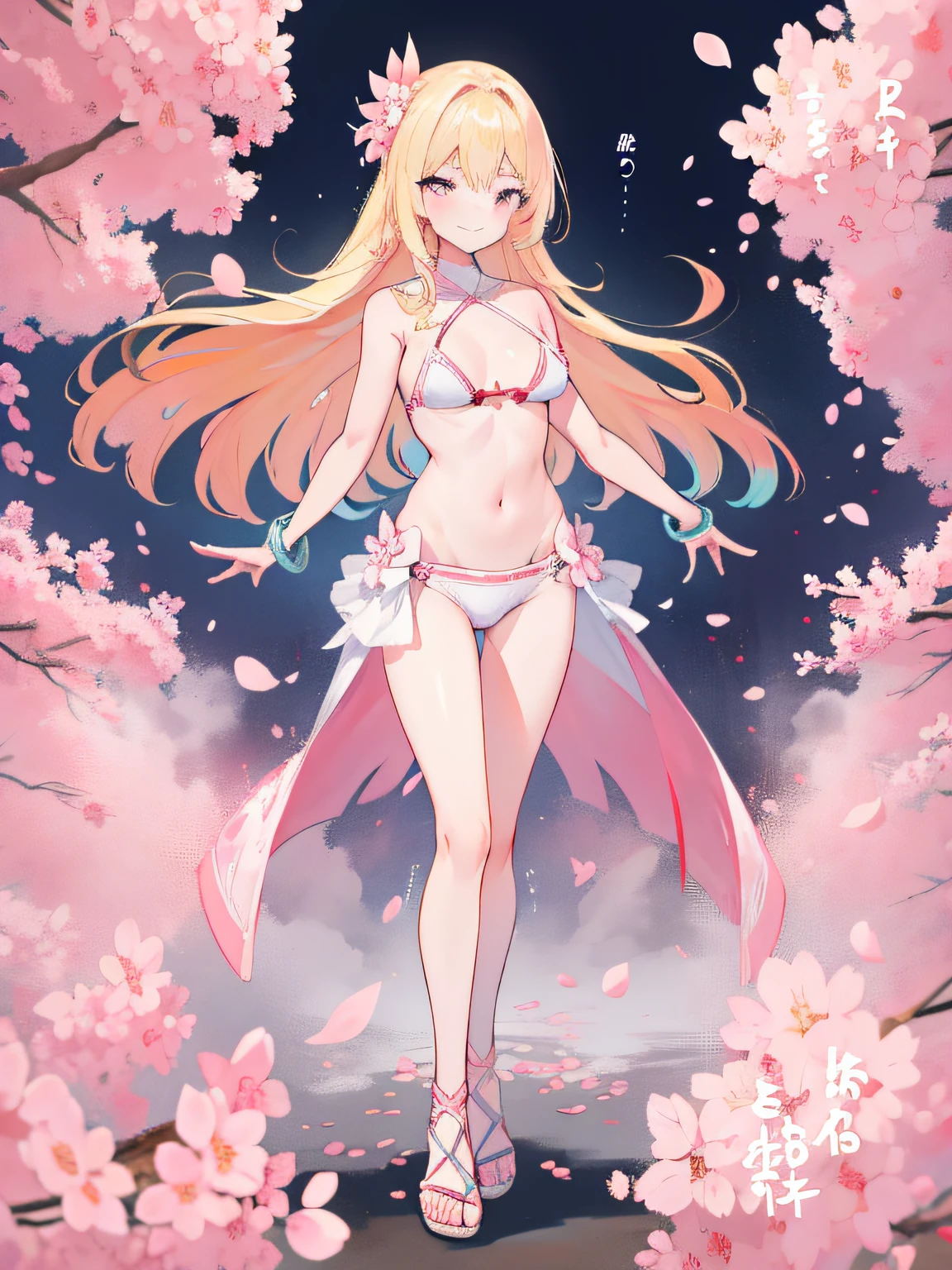 Illustration is superlative, Full body swimsuit, blonde beautiful, Blushing smile, Bracelet ear piercing, Confident expression, Cherry blossom petal, Dynamic pose, multicolored background, Majestic surrounding, Touch the scene, Bold text, Focus on fashion。