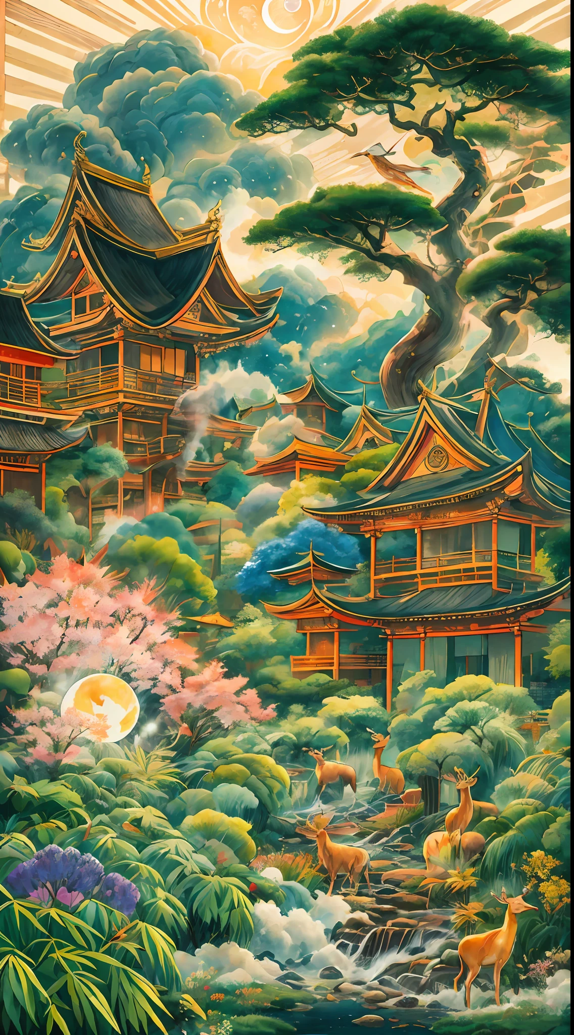 (Mist, smoke, Flashing lights from the sun and moon, old cypress, rain, tall bamboo, Strange flowers spread, Jadelike grass, phoenix, soaring, immortal cranes, cring, five bright colors embroiders the clouds, semblance of Paradise), Black apes, white deer, Gold lions, jade elephants, best quality, ultra-detailed, masterpiece, best shadow,8k,official art,