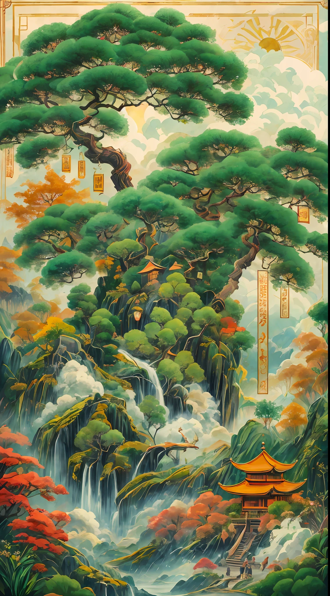 (Mist, smoke, Flashing lights from the sun and moon, old cypress, rain, tall bamboo, Strange flowers spread, Jadelike grass, phoenix, soaring, immortal cranes, cring, five bright colors embroiders the clouds, semblance of Paradise), Black apes, white deer, Gold lions, jade elephants, best quality, ultra-detailed, masterpiece, best shadow,8k,official art,