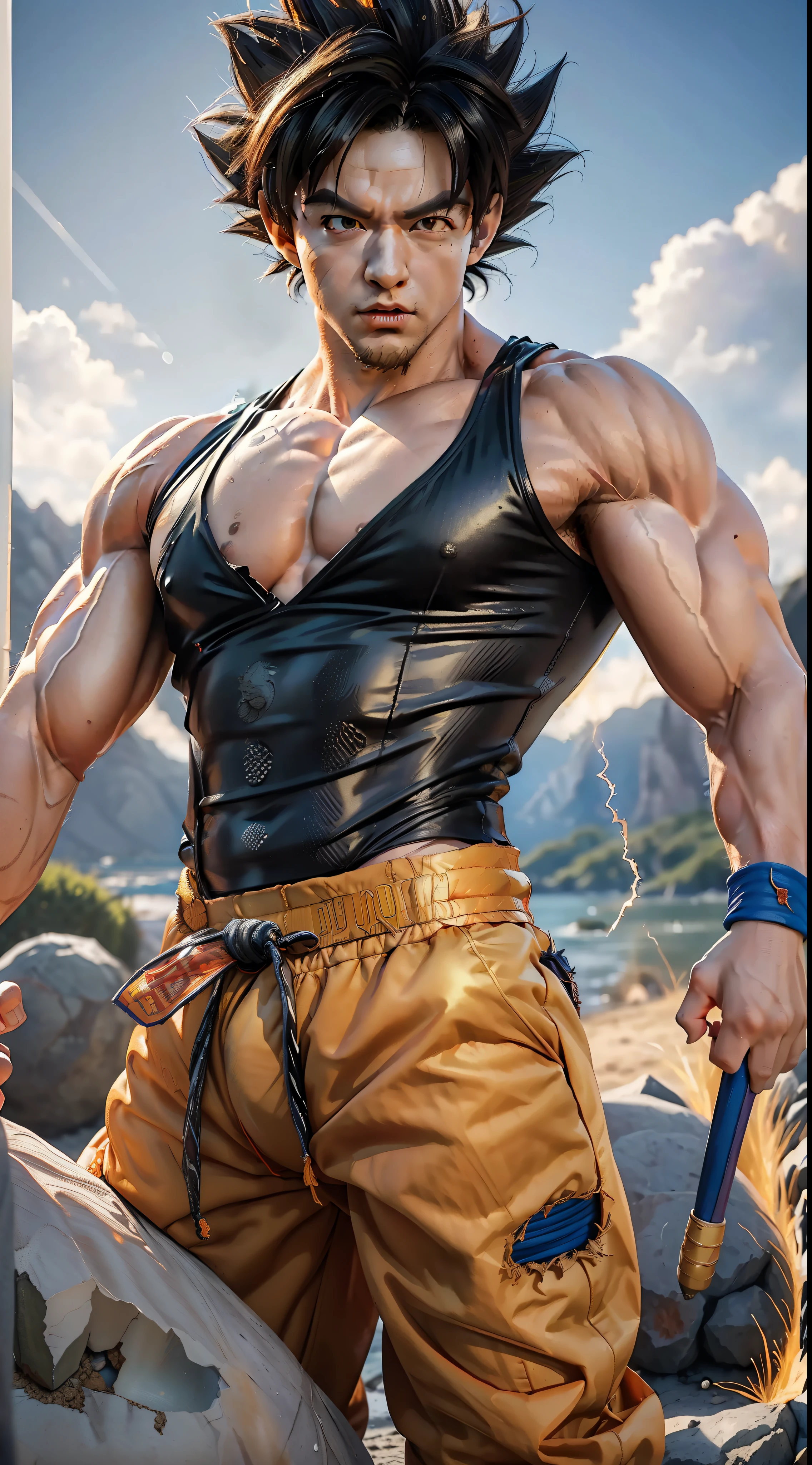 ((masterpiece:1.4, best quality)), ((masterpiece, best quality,8K)), (photo realistic:1.4), son_goku, male, man, (base_form), (dragon ball z, dragon ball super, goku) , muscle man, pectoral muscles, (rock ground, cracked ground, earth), professional lighting, hysically-based rendering