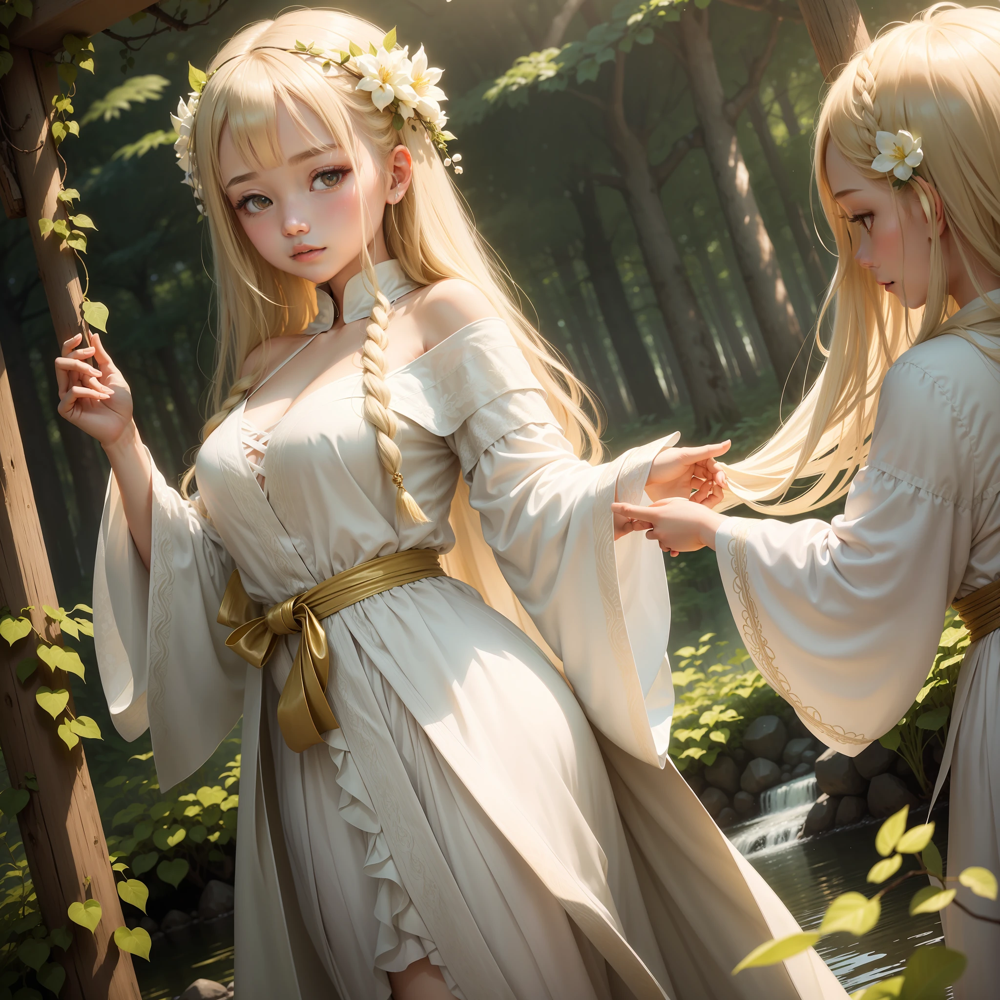 In a mysterious forest,There was an 18-year-old girl。She stood by the running water,She has beautiful long white hair,Supple as running water。The surrounding forest surrounds her,Green trees and vines cover the entire scene。
Behind her,It is an old white wall,White and flawless,It adds a sacred and serene atmosphere to the whole scene。Light passes through the canopy from above,Sprinkle on her,Illuminated her countenance。Light and shadow layers and chiaroscuro are intertwined around her,Create a mysterious and beautiful effect。
The girl's eyes shine with intelligence and warmth through the dance of light and shadow。She wears a loose white robe,Blowing in the wind,Blend in with the surrounding nature。She stretched out her arm,Tap a vine,It was as if there was some kind of connection with nature。
Sunlight shining throughout the picture,This makes the scene appear dynamic and vivid。Subtle details,Like her slightly trembling eyelashes and the corners of her lips with a smile falling down,All captured,and presented in an artistic way on the canvas。
The picture is full of silence and leisure,It's like a mysterious and poetic painting,Arousing people's thinking and awe of nature, the girl wears an elegant white robe,The long sleeves hang lightly to the ground。This robe is made of soft fabric,The flowing texture makes it as fluffy as a marshmallow。The folds that run from the neck to the waist add layering,Make the robe more dynamic。
The waist of the robe was tied tightly with a thin vine,As a simple and elegant belt。This vine can be light green or golden,Echoing the flowers and natural elements of the forest。
The girl wears a delicate white bracelet on her wrist,The bracelet is set with a tiny rhinestone,Flashing with a shimmering light。The design of the bracelet is simple and detailed,Goes well with her outfit。
And on the girl's long blonde hair,Embellished with a blonde hair ornament。This blonde hair ornament is made up of thin vines and small flowers,It's like a na