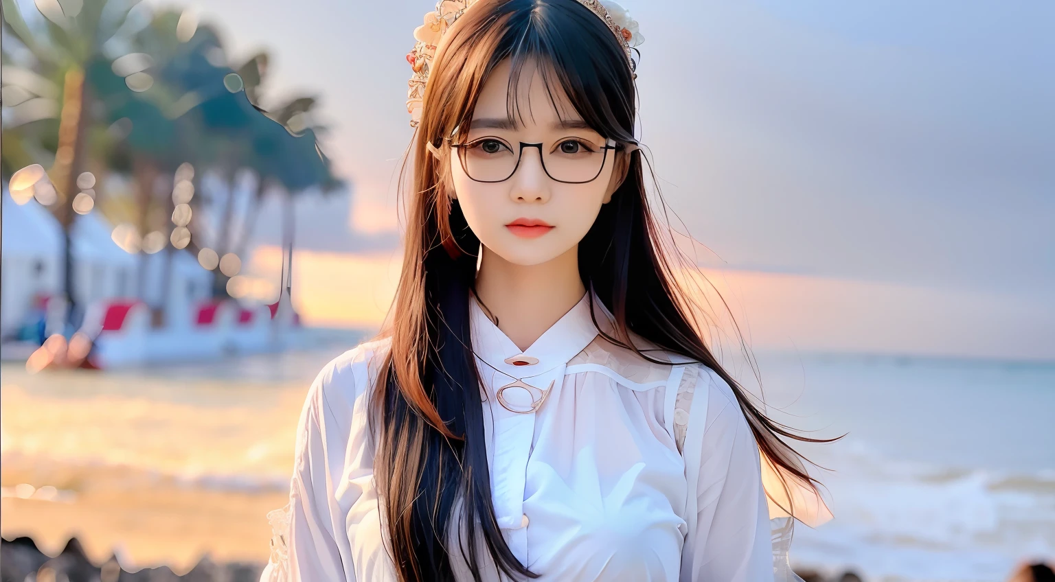 A woman with glasses stood on the beach, With glasses, eye glass, ulzzangs, Korean girl, wears glasses, Chinese girl, Li Zixin, sakimichan, with square glasses, xintong chen, xision wu, Very beautiful girl, wearing thin large round glasses, cute beautiful, Girl with glasses,