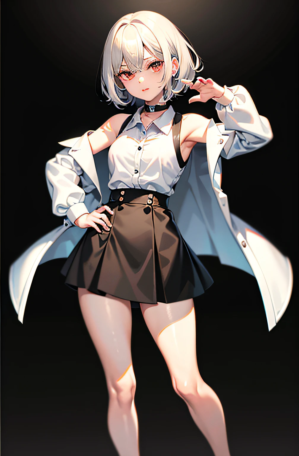 best quality, ultra high res, 1girl, sleeveless white button shirt, black skirt, black choker, cute, (Kpop idol), (aegyo sal:1), (platinum blonde hair:1), ((puffy eyes)), looking at viewer, full body, facing front